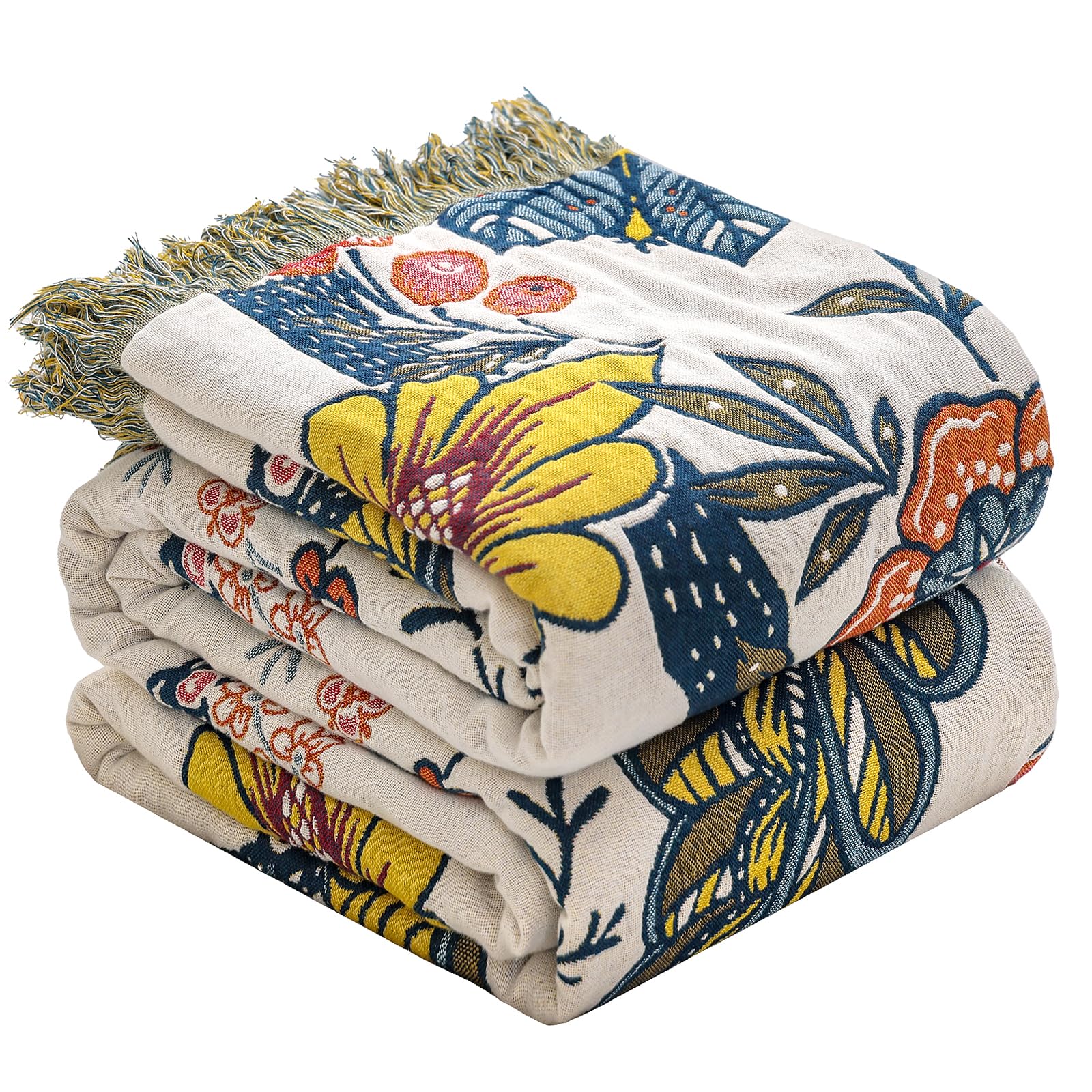 HOORDRY Double-sided Boho Cotton Sofa Throws large 60×80In,Colorful Floral Throw Blanket for Bedspread,Multi-purpose Quilt - Bohemian Style, Floral Design, Comfy and Breathable