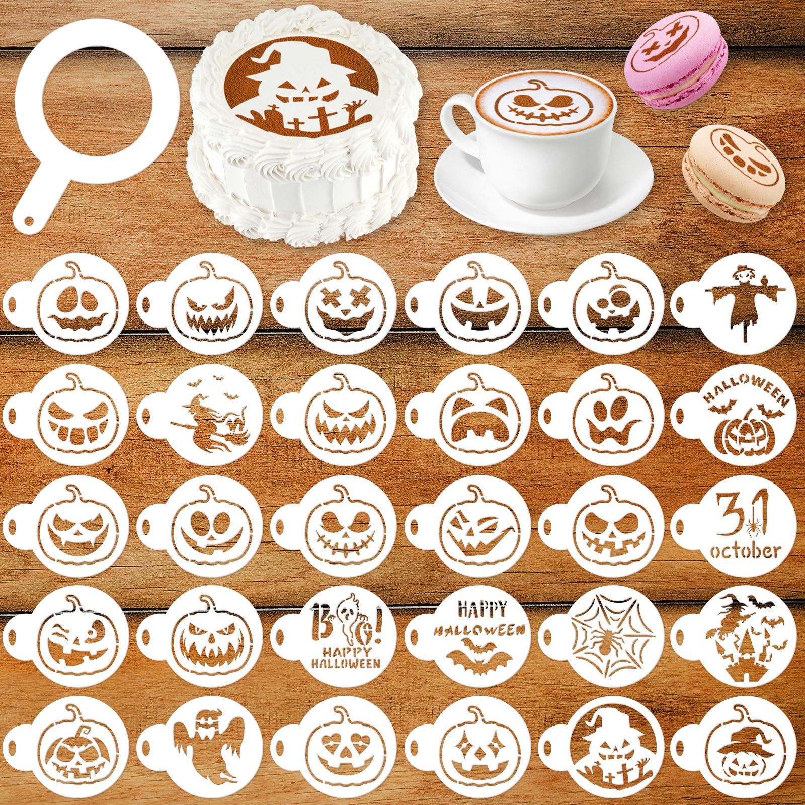 MWOOT 30 Mixed Halloween Cookie Stencils, Pumpkin Drawing Templates for Cake Decorations, Reused Plastic Baking Stencils