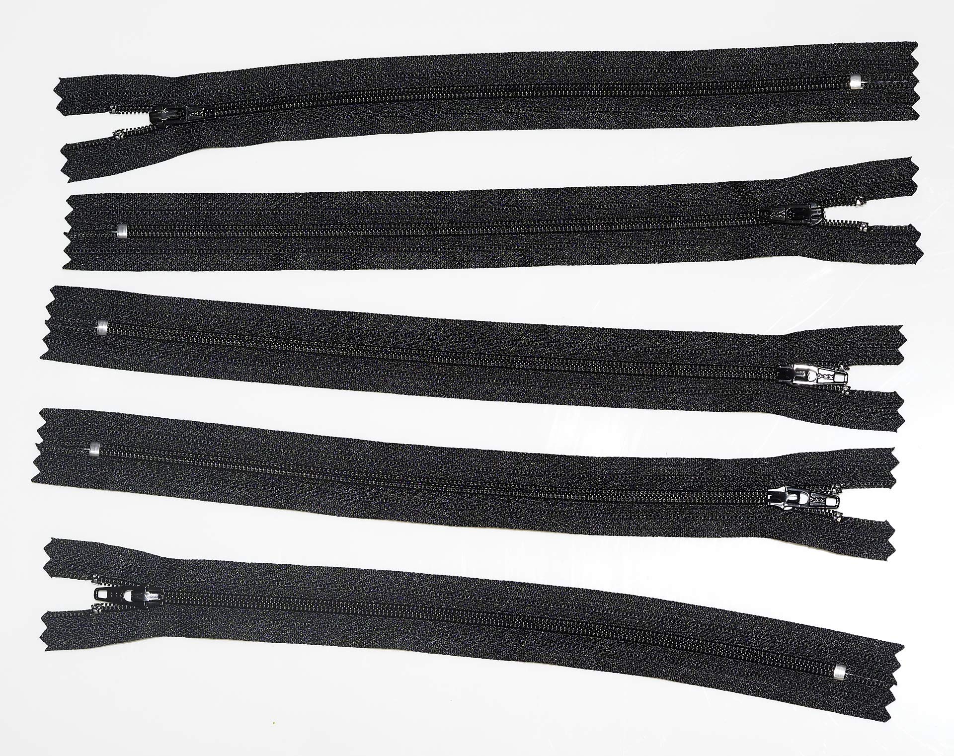 Pack of 5 YKK Nylon Black Closed end Zip 8,9,10,11,12,15,20. Size 3. (9 inch)
