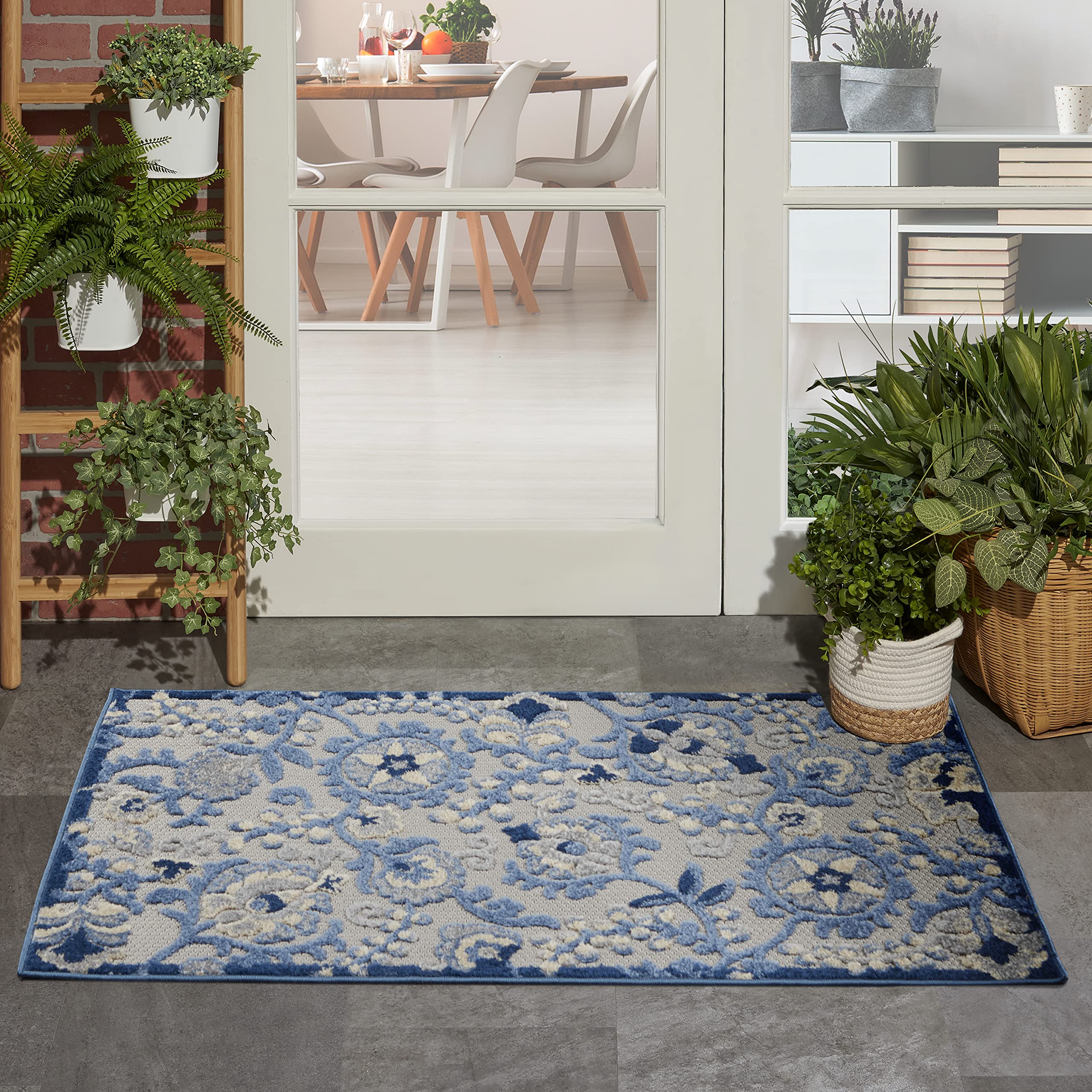 NOURISON Aloha Indoor/Outdoor Blue/Grey 2'8" x 4' Area Rug, Easy Cleaning, Non Shedding, Bed Room, Living Room, Dining Room, Backyard, Deck, Patio (3x4)