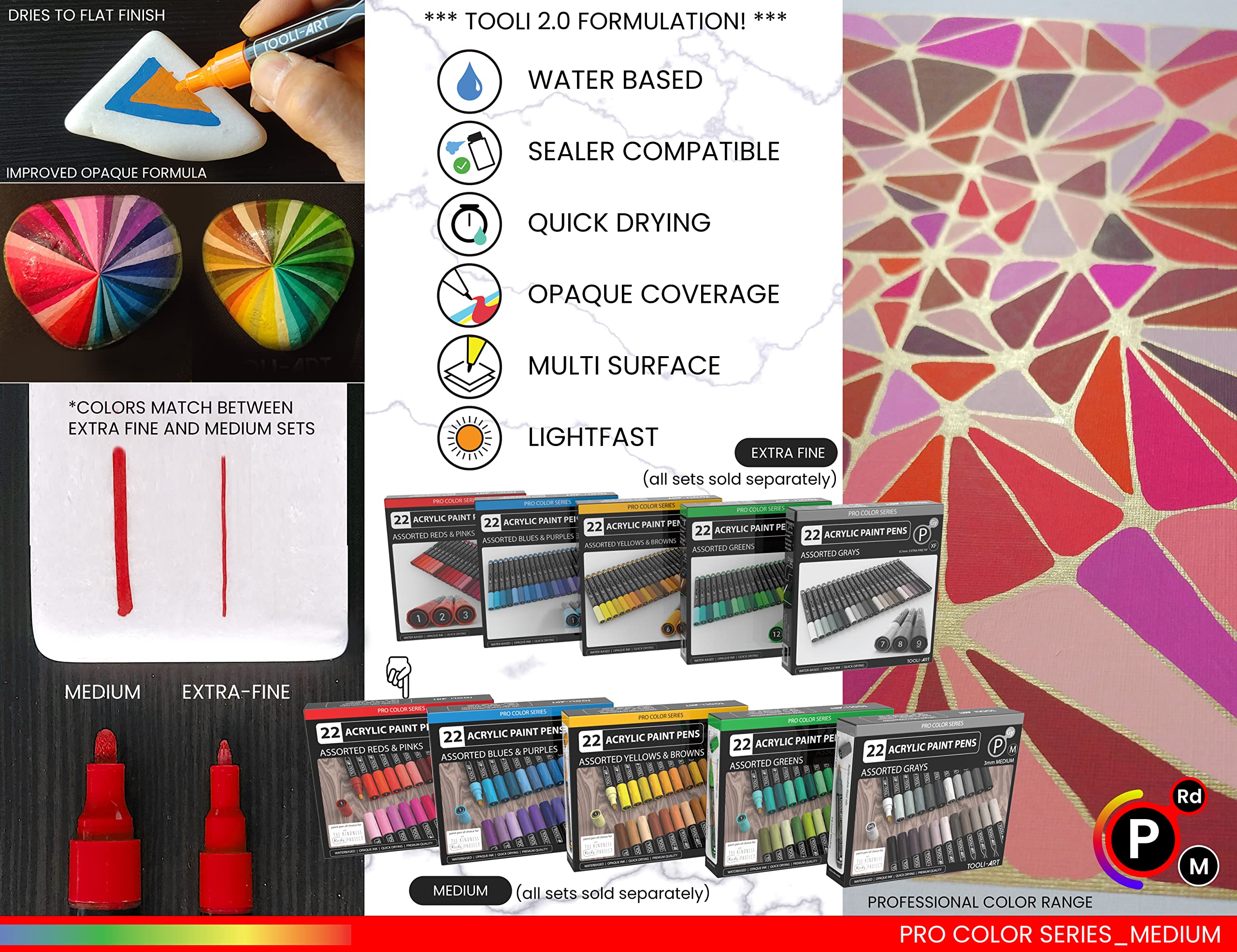 TOOLI-ART 22 Acrylic Paint Markers Paint Pens Pro Color Series Set 3mm Medium Tip for Rock Painting, Glass, Mugs, Wood, Metal, Glass Paint, Canvas, DIY. Non Toxic, Waterbased, Quick Drying (REDS)