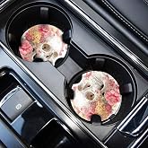 WOCOCN Cute Cup Holder Coasters for Your Car with Fingertip Grip | Auto Accessories for Women & Men,Pack of 2, Flower Skull