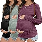 Sweetyweee 3 Pack Maternity Shirts Ribbed Long Sleeve Maternity Sweater Crew Neck Pregnancy Clothes for Women Thermal Top