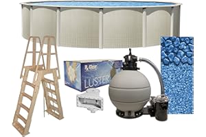 Lake Effect Pools 'Impressions' 27' Round Above Ground Swimming Pool Complete Bundle Kit | 48" Height | Boulder Swirl Overlap Liner | A Frame Ladder System | Sand Filter System with Pump | Skimmer