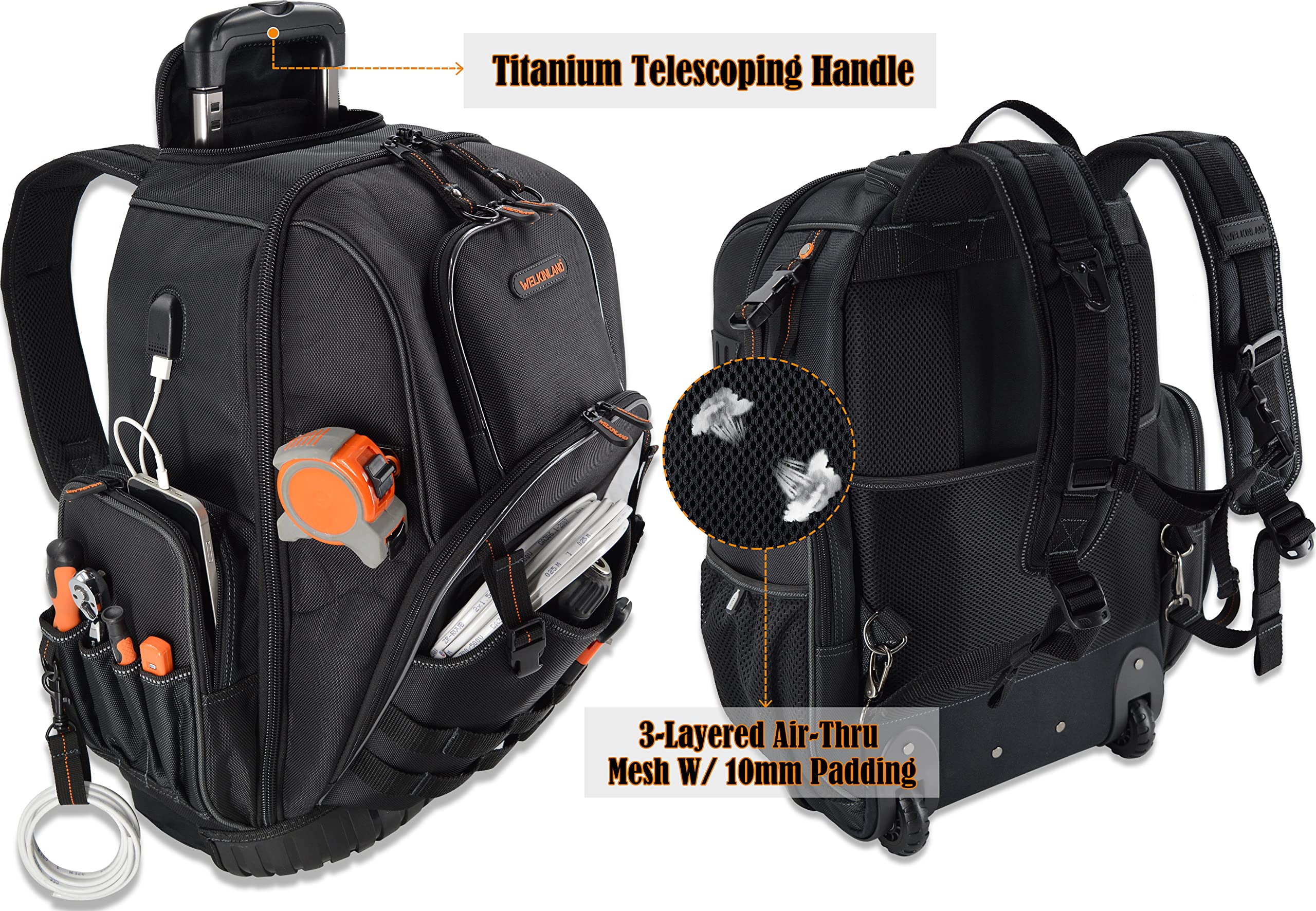 WELKINLAND 72Pockets Rolling Tool backpack, Large tool bag with wheels, Rolling Electrician bag with wheels for men