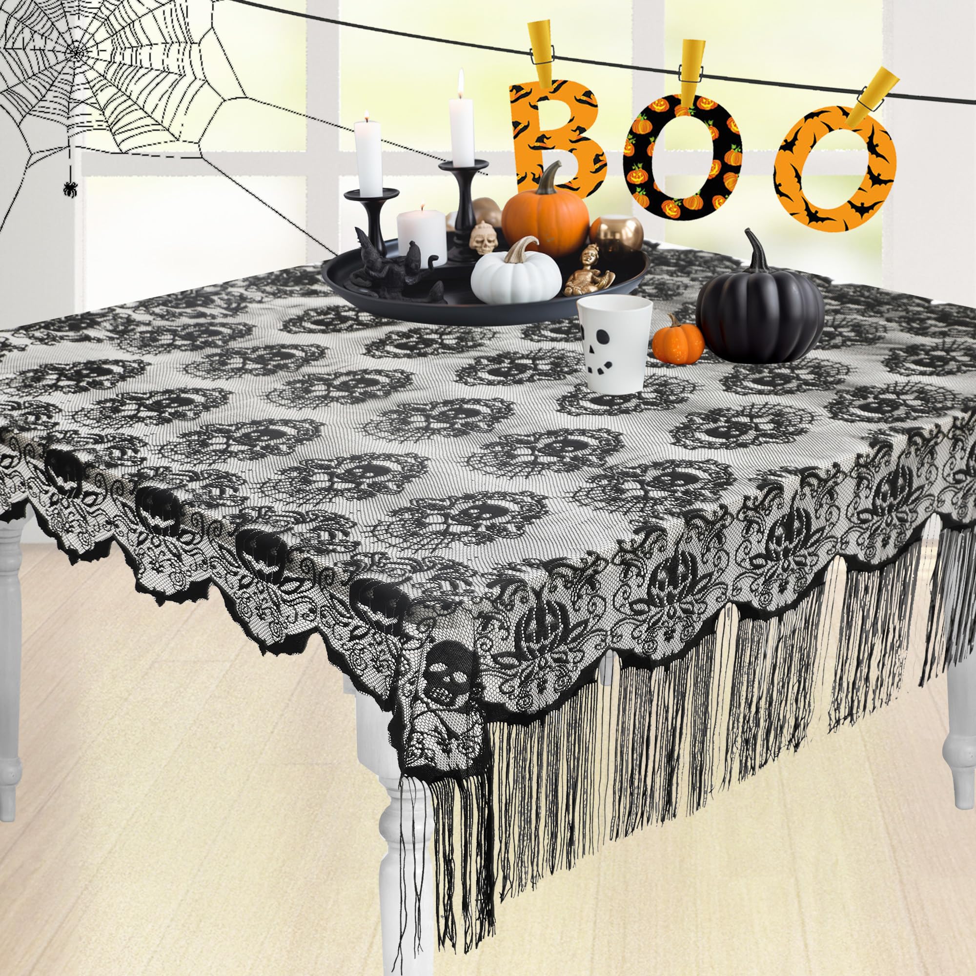Photo 1 of OWENIE Halloween Tablecloth, Skull Lace Fabric Tablecloths with Tassel, Black Pumpkin Table Cloths Table Cover for Rectangle Tables for Parties Gothic Halloween Home Decorations, 52x52 Inch