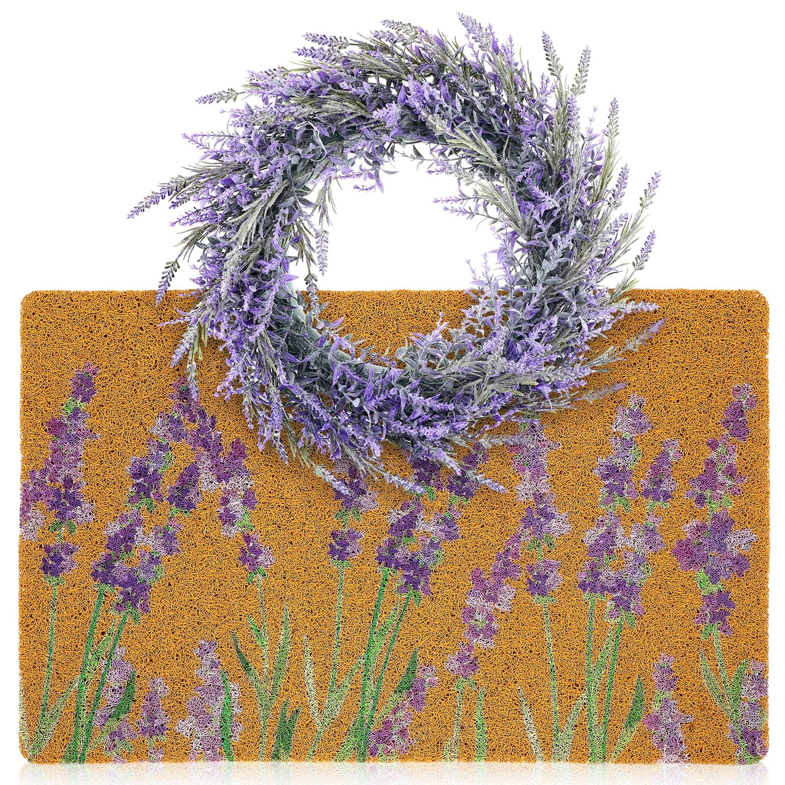 Drydiet Floral Coir Doormat and Spring Wreath Set Flower Welcome Door Mat for Front Door 17.7 x 29.5 Inch Coco Coir Doormat Summer Porch Decor for Garden Garage Patio Home Entrance(Lavender)