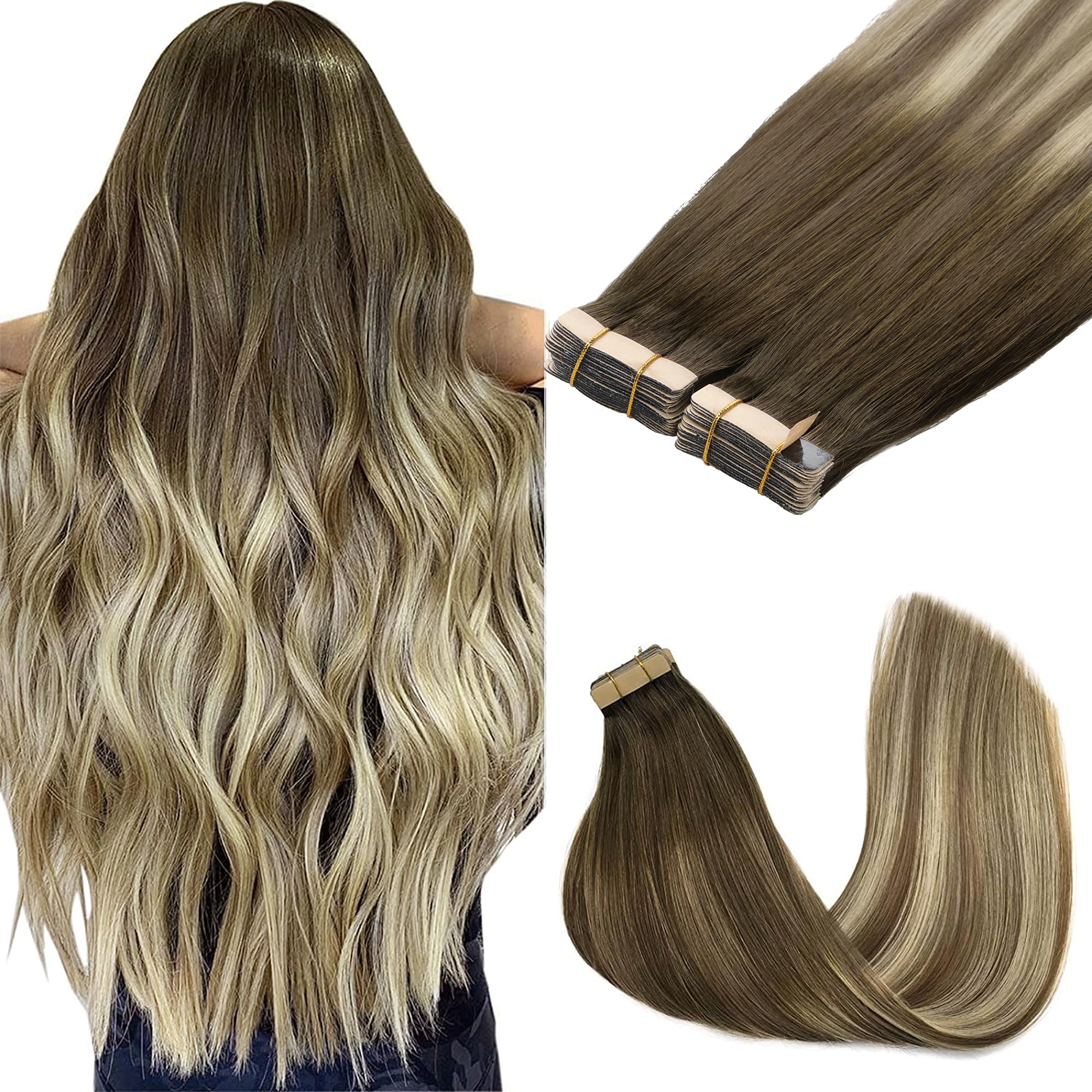 GOO GOO Tape in Hair Extensions human hair, tape Hair Extensions, 20inch 100g 40pcs, Human Hair Extensions, (T3/8)613 Blonde Ombre โ image 1