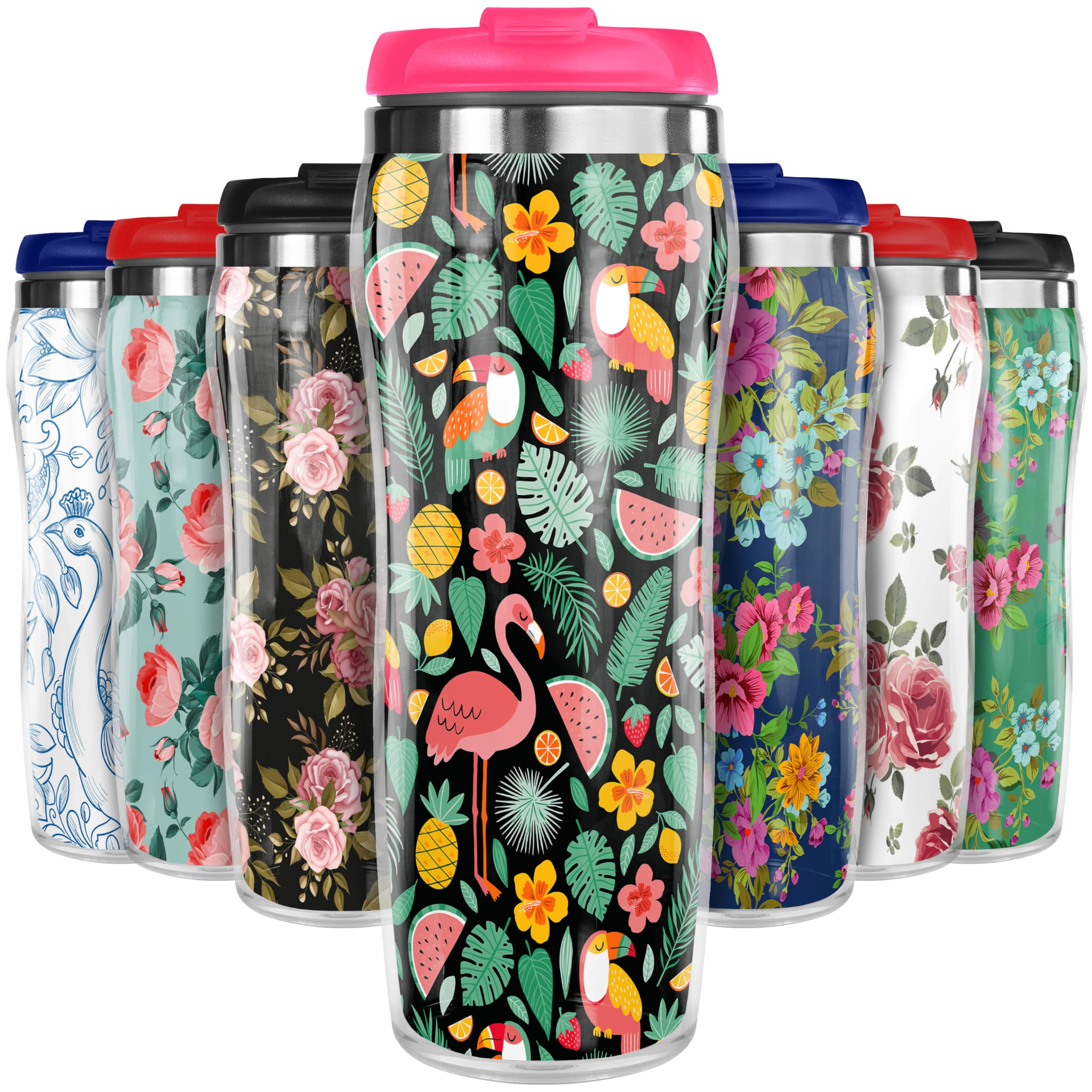 Pixly® Flowers Fruits and Birds Thermal Travel Mug Coffee Tea Flask, 400ml/14oz Capacity, Flower, Floral Pattern - Exotic Blush