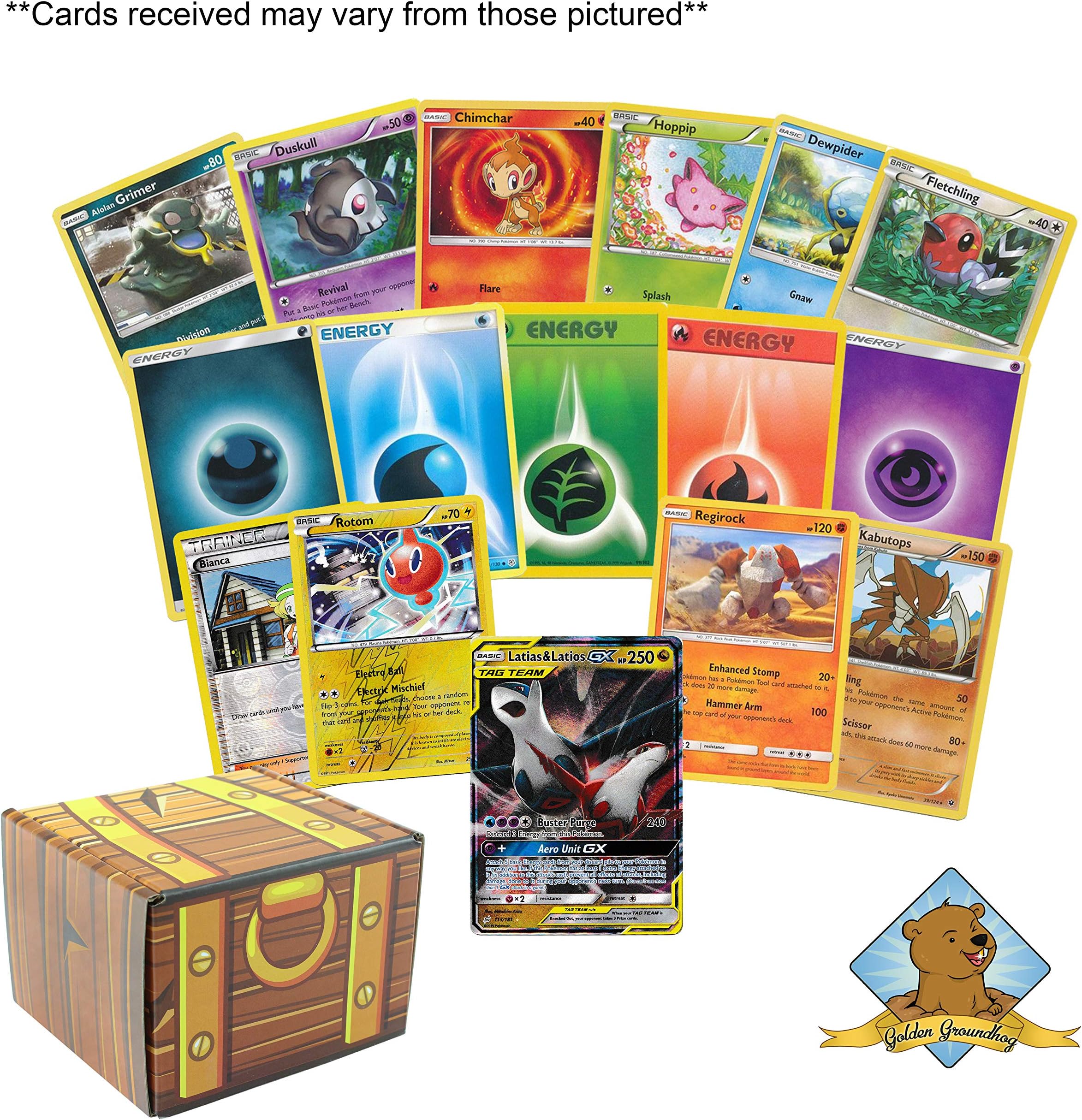 100 Pokemon Cards Featuring 1 Tag Team GX Rare - 5 Energy - 2 Foils - 2 Rares! Includes Golden Groundhog Treasure Chest Storage Box!