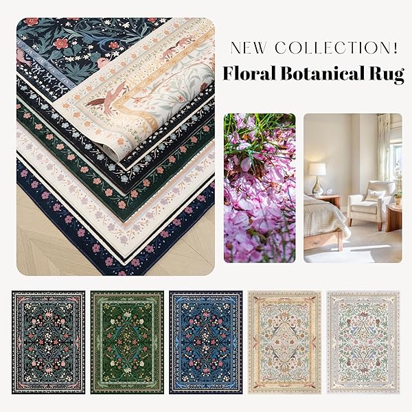 VOWKTEN AREA RUGS 8X10 FOR LIVING ROOM CLEARANCE WASHABLE VINTAGE FLORAL BOTANICAL RUG NON SLIP LOW PILE LARGE RUG FOR BEDROOM, FARMHOUSE, DINING ROOM, KIDS PLAYROOM, BLUE