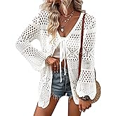 Women Crochet Cardigan Lightweight Tie Front Hollow Out Long Sleeves Summer Knit Cover Cardigans White