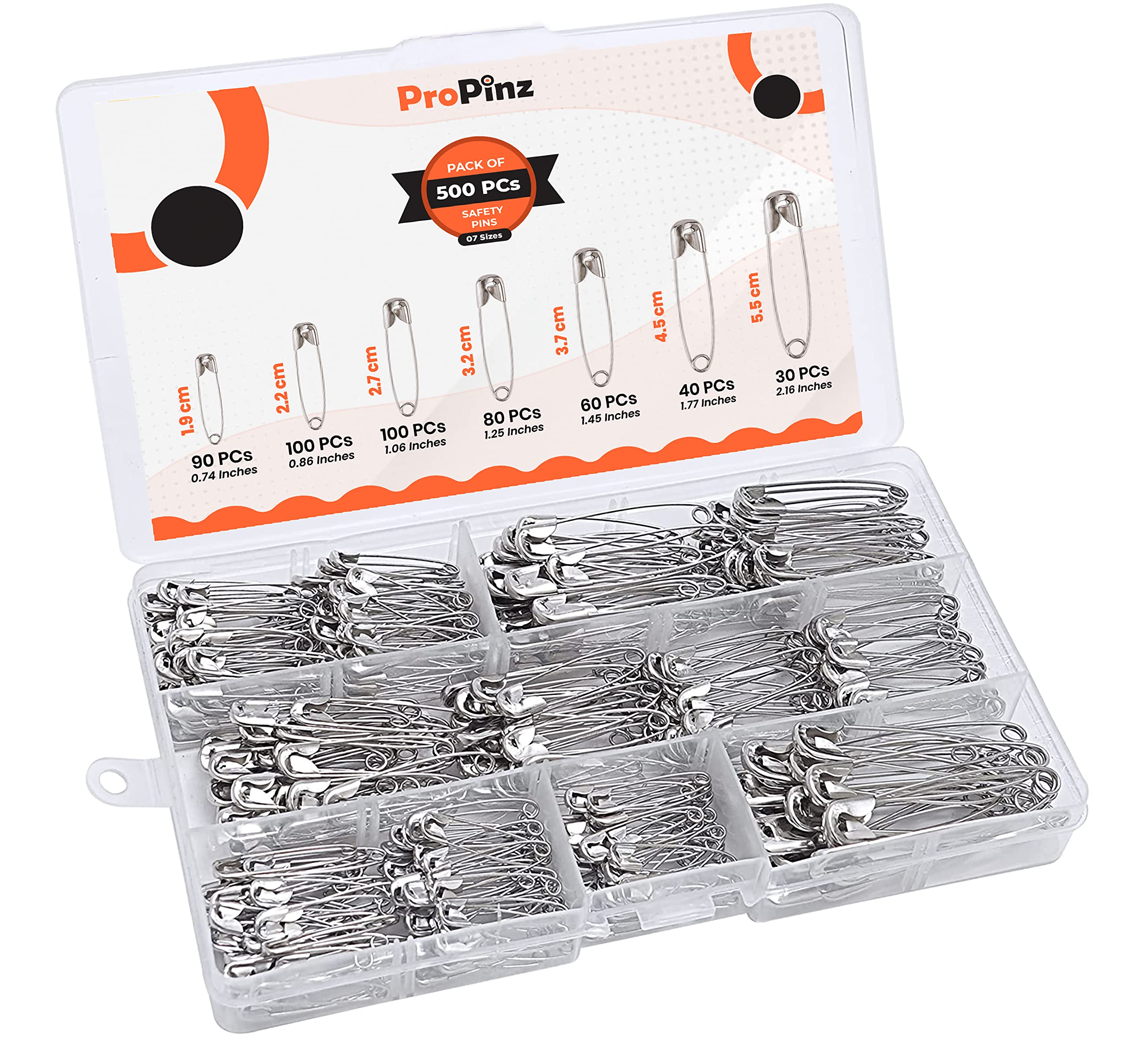 Safety Pins Assorted Sizes - Strong Nickel Plated Steel, Rust Resistant - Ideal for Art & Crafts, DIY, Pinning, Hemming, Dressmaking, Sewing and More (Silver, Pack of 500-7 Sizes)