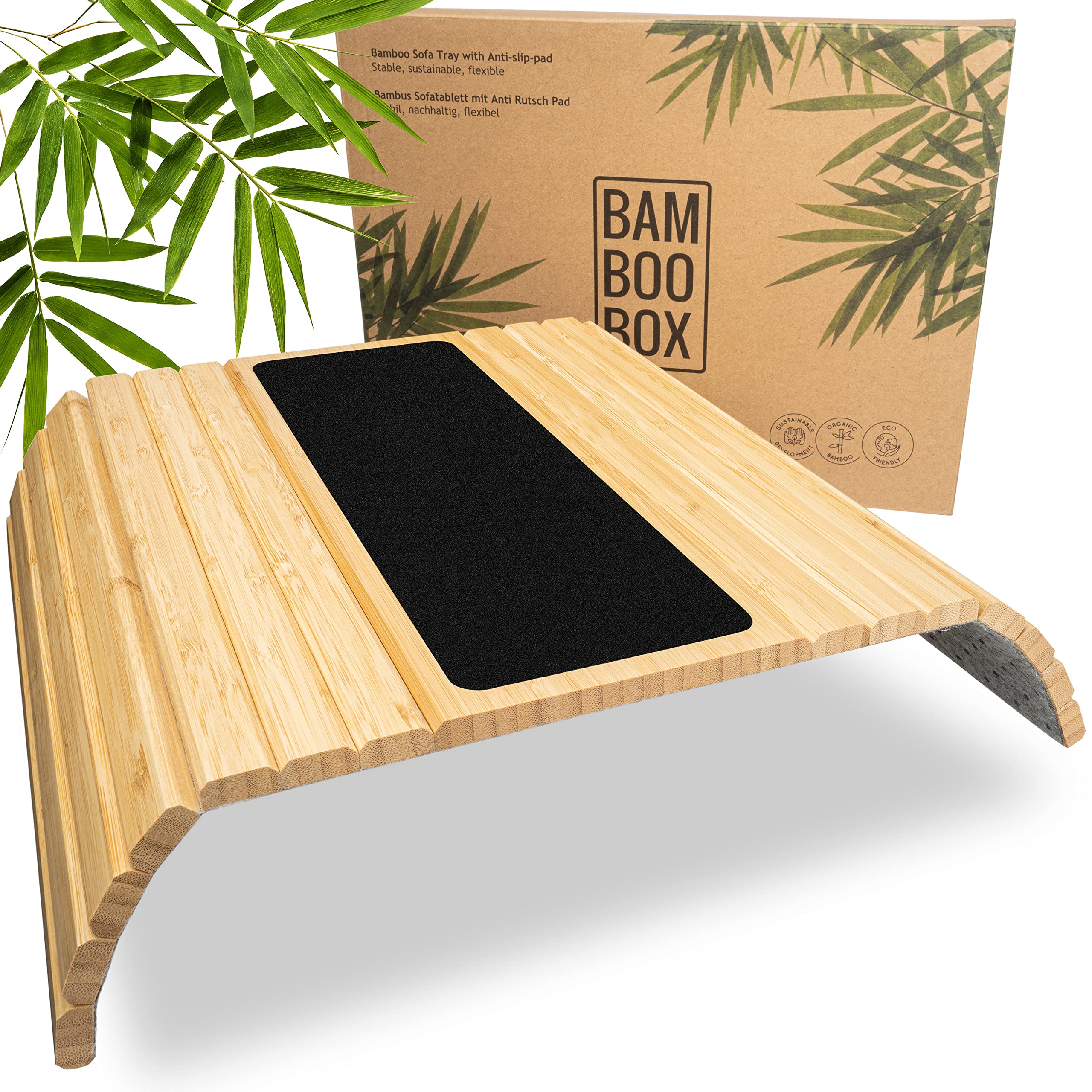 BAM BOO BOX - Foldable Bamboo Sofa Arm Tray, Non Slip Natural Colour