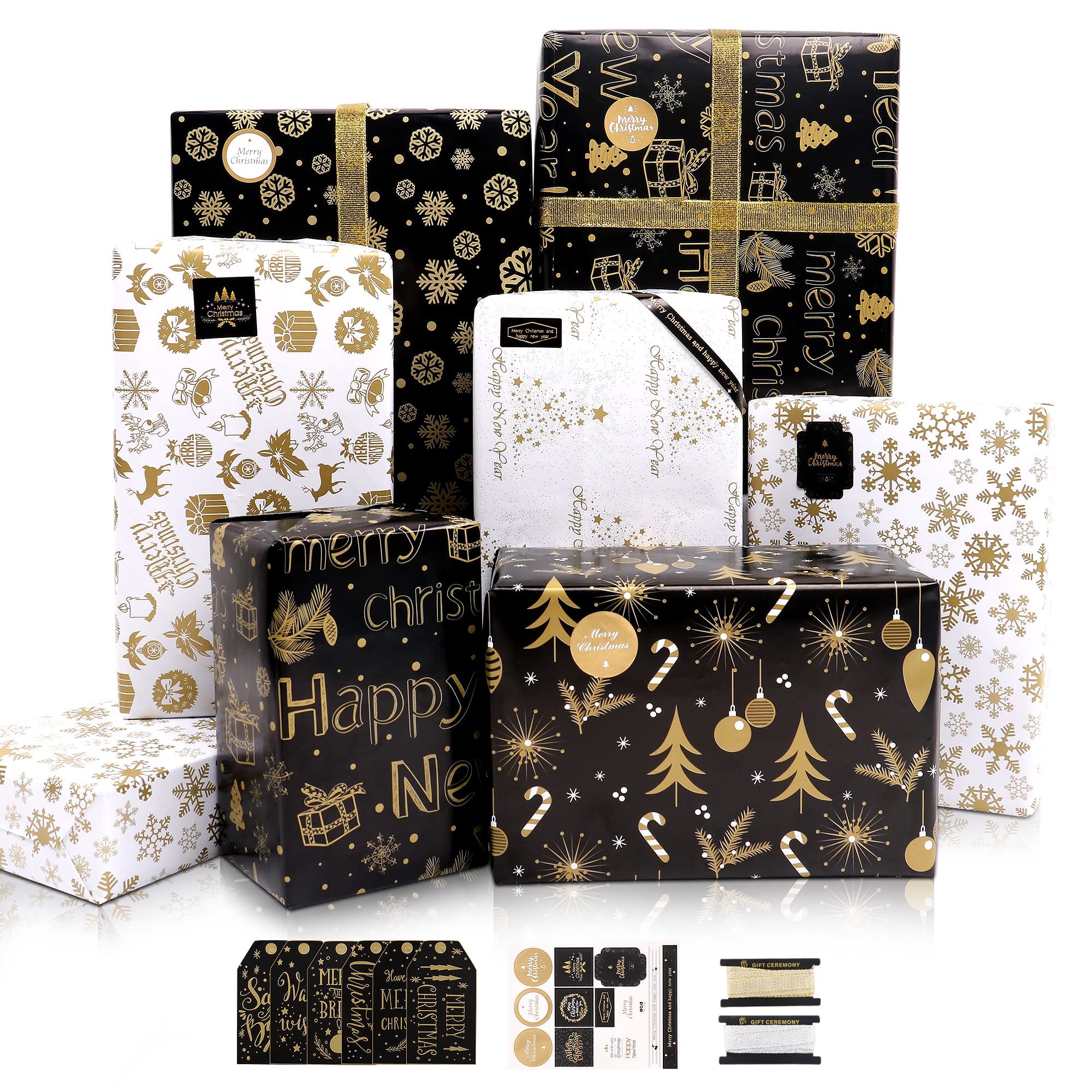Christmas Wrapping Paper, 6 Sheets Black and Metallic Gold Gift Wrap Paper Set with Tags Stickers and Ribbon, 6 Designs Snowflake Wrapping Paper for Christmas New Year Winter, 50x70CM