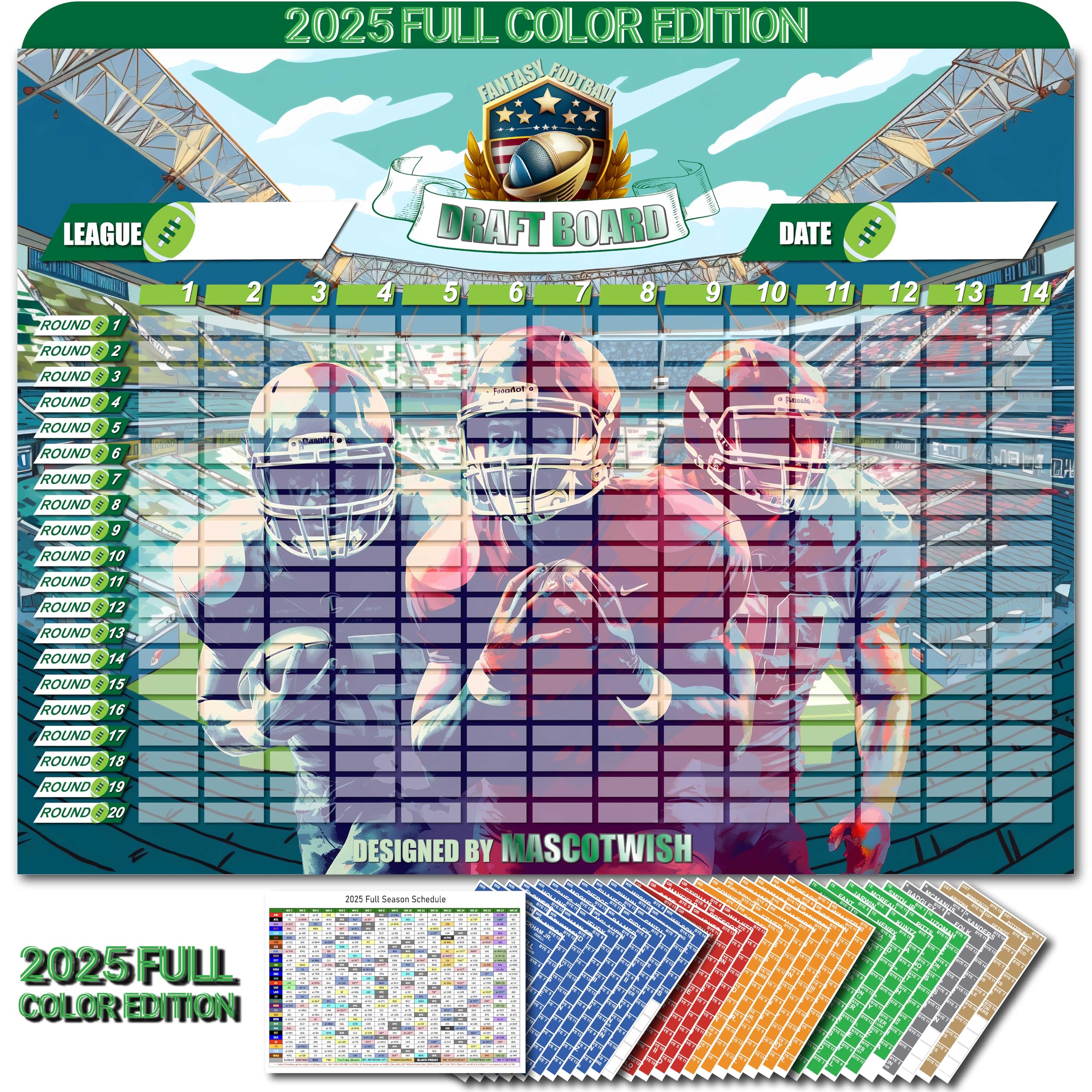 Photo 1 of Mascotwish Fantasy Football Draft Board 2025 Premium Color Edition, 640 Player Labels, 5.3 Feet x 4.1 Feet Large Board with 14 Teams, 20 Rounds, 2025 Top Rookie, 20 Blank Labels