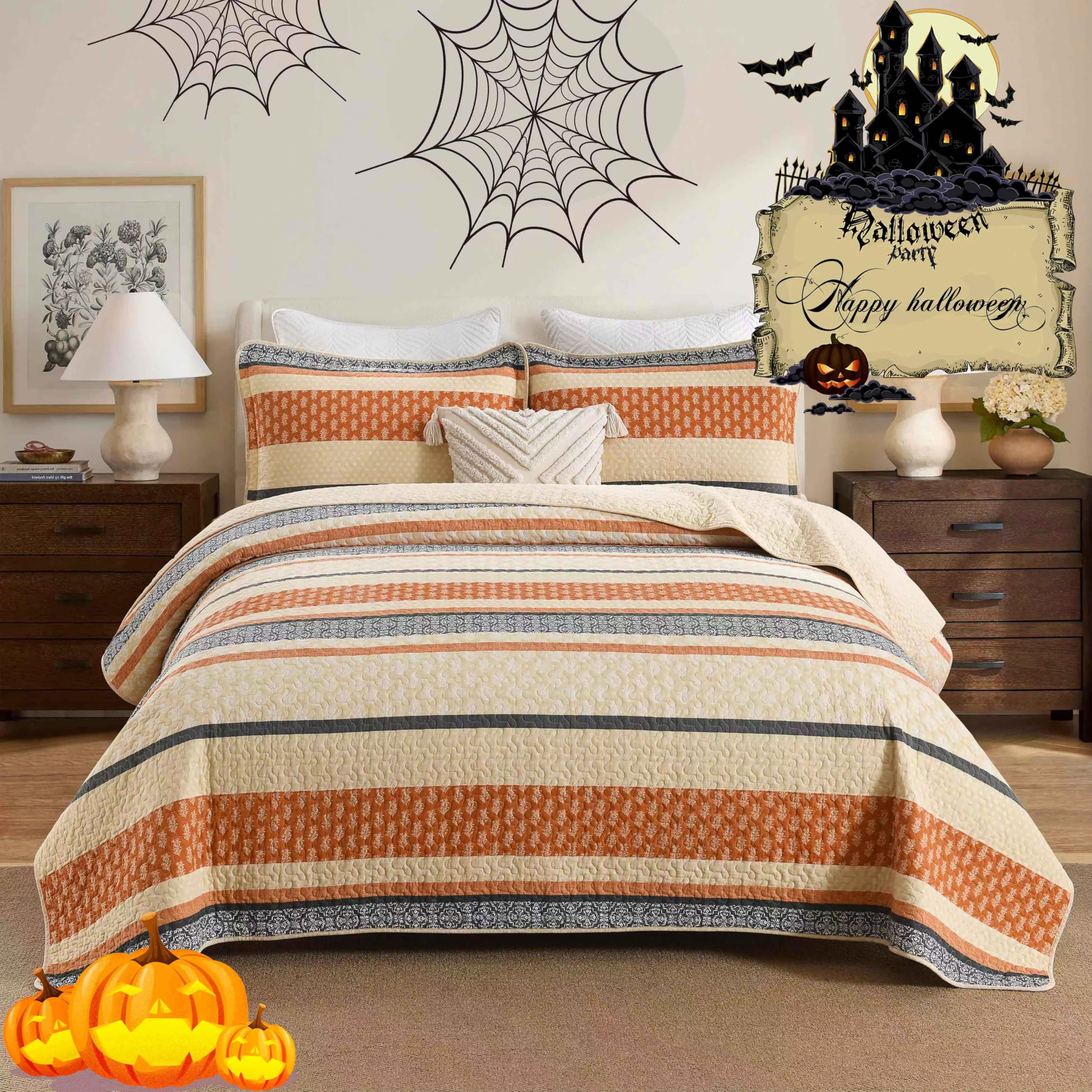 Photo 1 of Homzard Quilt King Size, Cotton Orange Gray Black Striped Quilt Bedding Set,Floral Comforter Set King Size,Fall Lightweight Bedspread with Shams,3 Piece All Season