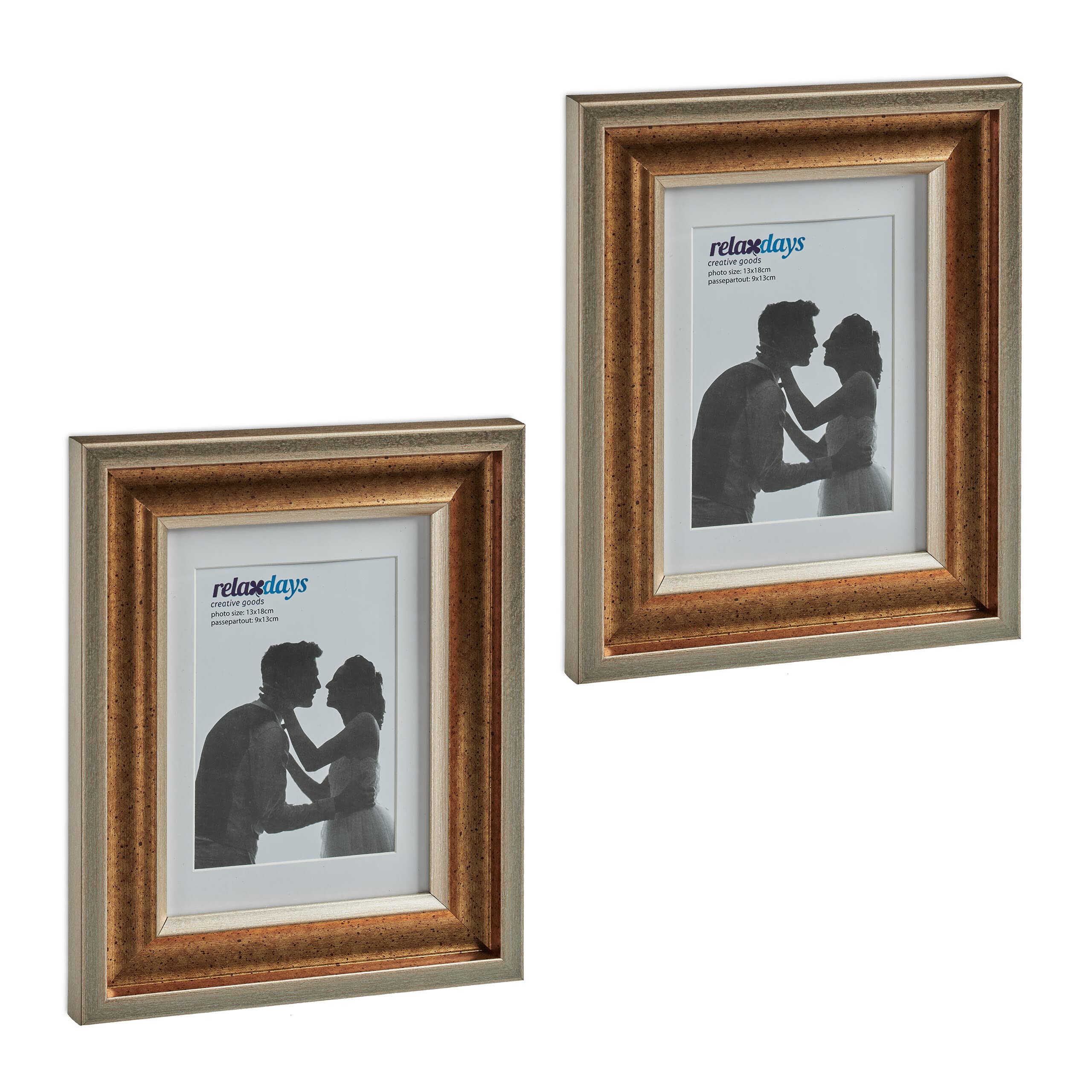 Relaxdays Set of 2 Picture Frames, 13x18 cm, Portrait & Landscape, Tabletop or Hanging Photo Holder, Passepartout, Gold, 25 x 20 x 2 cm