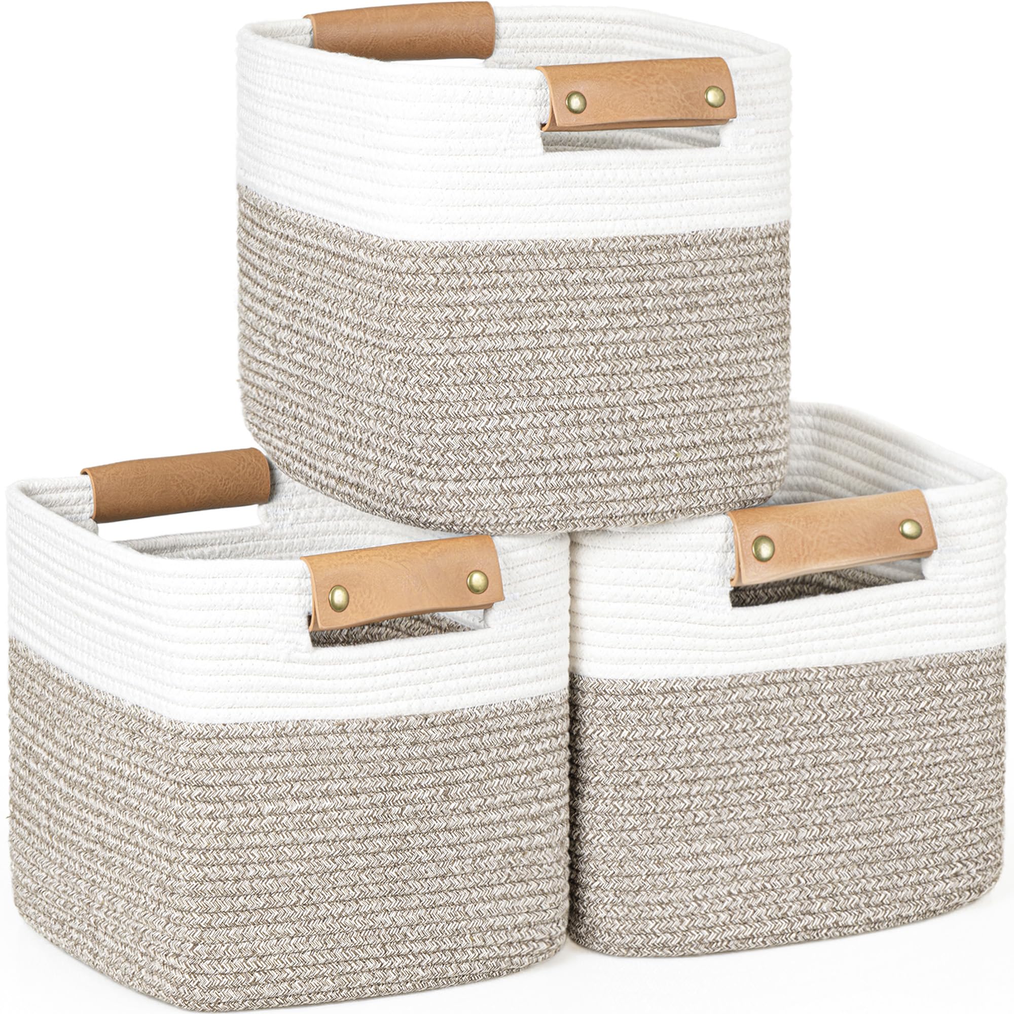 Photo 1 of danpinera 11 Inch Storage Baskets, Woven Baskets for Organizing, 3 Pack Storage Cubes for Shelves, Closet, Nursery with Removable Leather Handles, White & Mixed Brown