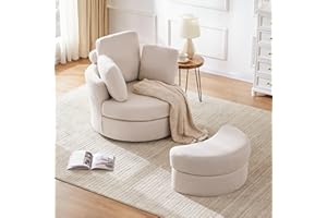 Huatean Home 39” Swivel Accent Barrel Chairs with Removable Headrest, Chaise Lounge Indoor with Neck Support Pillow, Swivel Chairs for Living Room, Oversized Chair with Ottoman, Beige