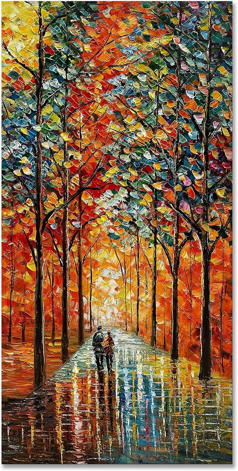 Paintings - Creespi Hand Painted Landscape Canvas Wall Art 24x48 inch,Contemporary Abstract Vertical Textured Tree Oil Paintings for Wall Decorations