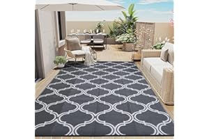 PureCozy Outdoor Plastic Straw Rug Grey Waterproof Indoor Outdoor Patio Rug 6x9 Carpet Geometric Reversible Mat Moroccan Gray Washable Large Outside Area Rug for Camping RV Porch Deck Balcony Beach