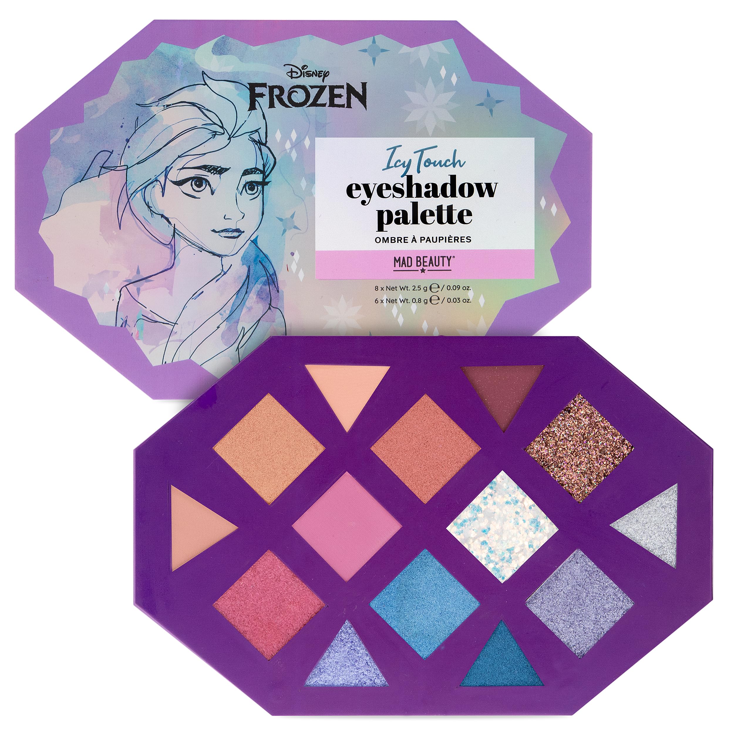 MAD BEAUTY Disney Frozen Elsa Icy Touch Eyeshadow Palette, 10th Anniversary, Fourteen Shades Plus Glitter Toppers, Cosmetic Gifts