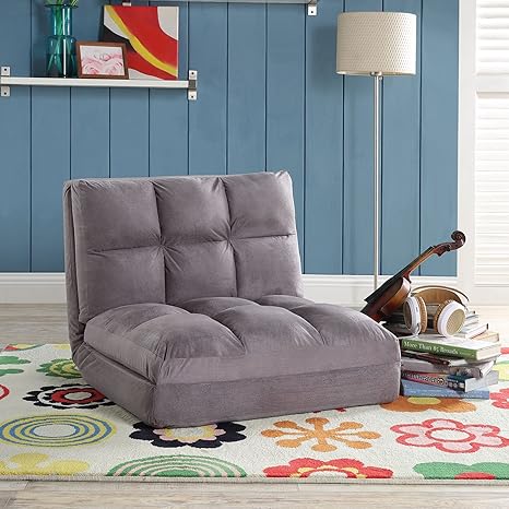 Loungie Micro Suede 5 Position Adjustable Convertible Flip Chair Sleeper Dorm Bed Couch Lounger Sofa Grey