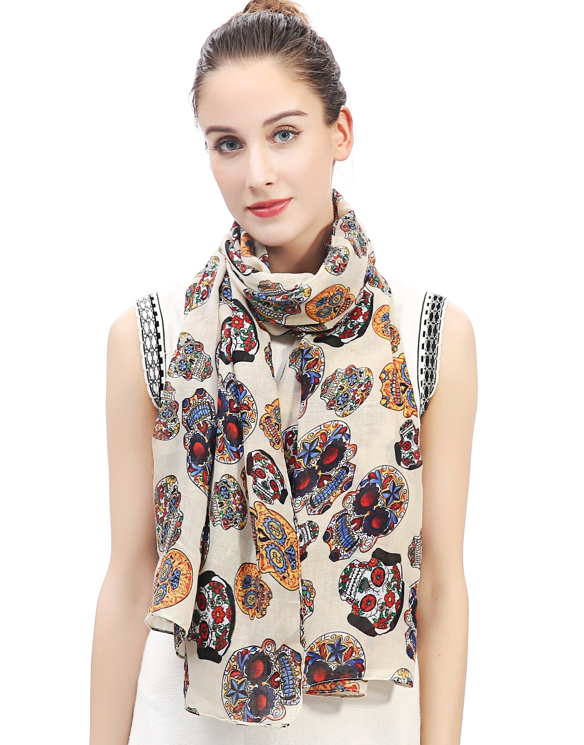 Lina & Lily Day of the Dead Sugar Skull Print Large Scarf Shawl Lightweight (Beige)(Size: 180 X 90 cm)