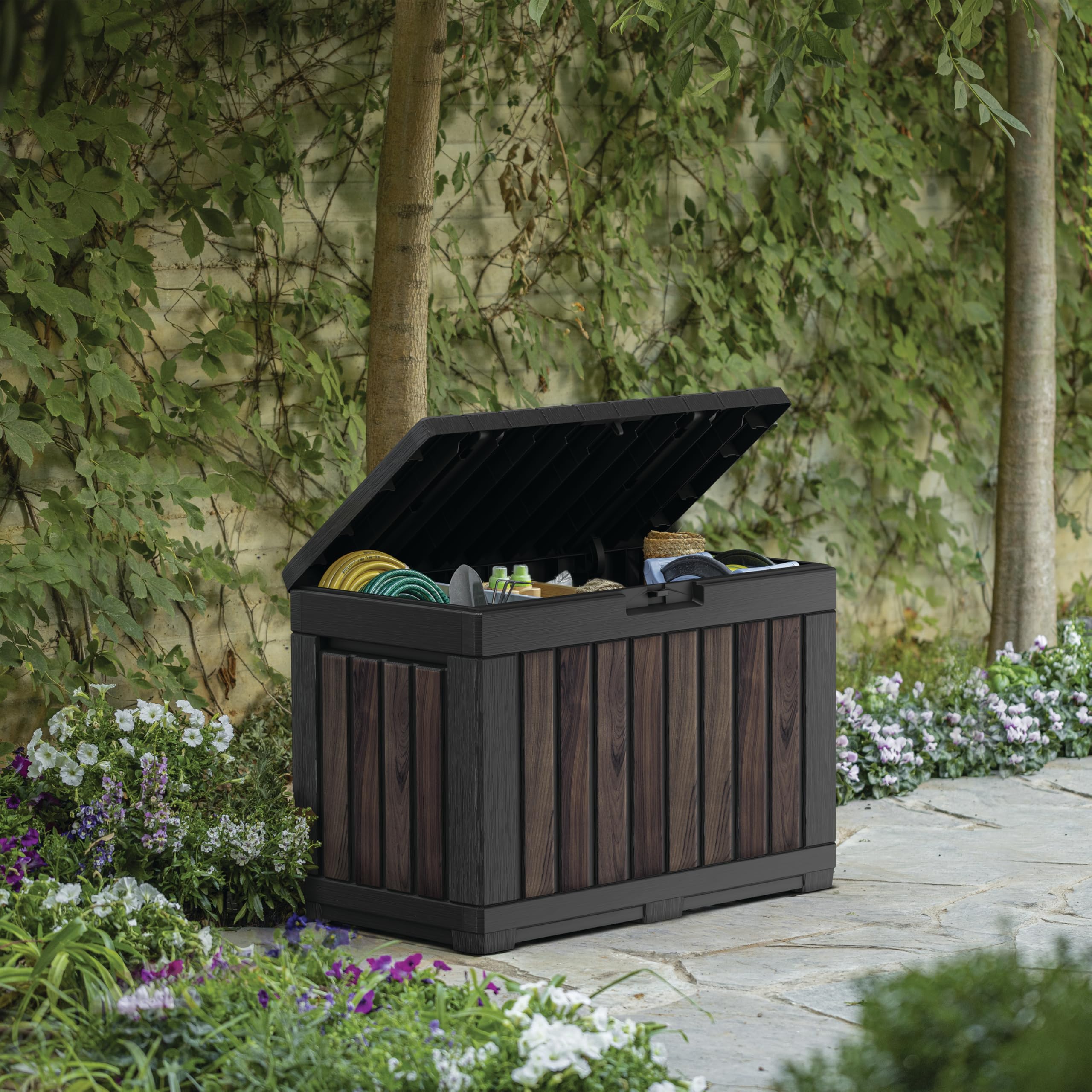 Keter Gartentruhe KENTWOOD 190L Decocoat – Wetterfeste Gartenbox in Rosenholzoptik mit Sitzfunktion – UV-beständige Aufbewahrungsbox, abschließbar, für Innen- & Außenbereich 2