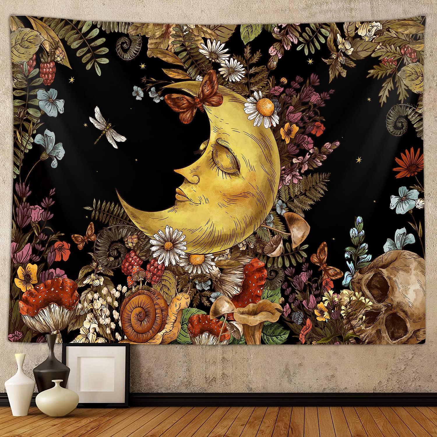 Tapestries - Boho Moon Tapestry, Vintage Mushroom Sun and Moon Art Tapestries Wall Hanging for Bedroom Aesthetic Botanical College Dorm Room Fairy Decor 60X40