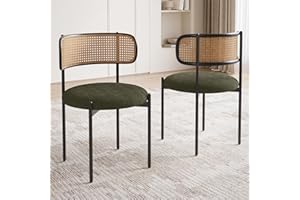 Farini Kitchen Chairs Set of 2, Mid-Century Modern Dining Chairs,Kitchen Dining Room Chairs, Rattan Backrest Round Upholstered Sherpa Dining Chairs,Green