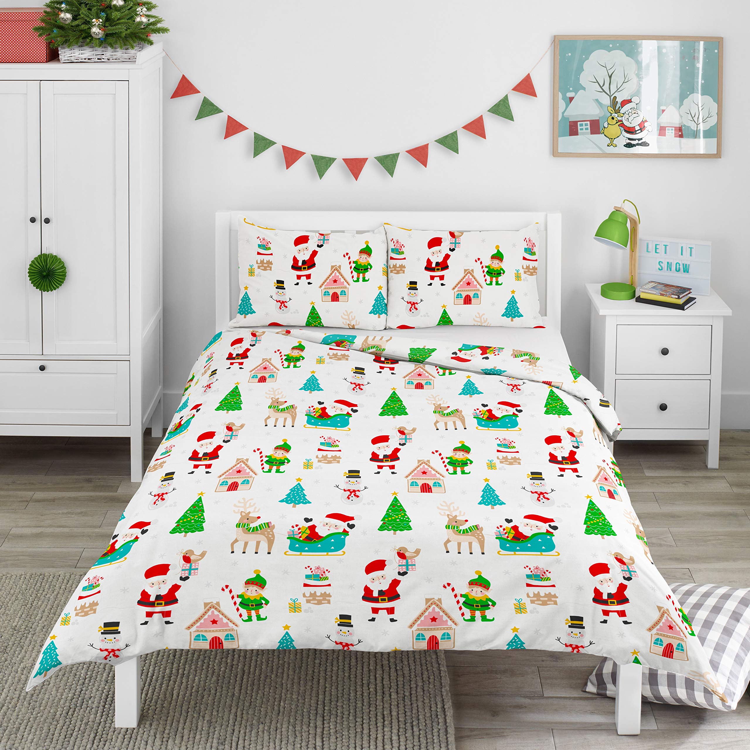 Bloomsbury Mill - Kids Christmas Bedding Double - Christmas Duvet Set for Boys & Girls Double Bed - Childrens Winter Xmas Duvet Cover and x 2 Pillow Case Set - 200x200cm - White