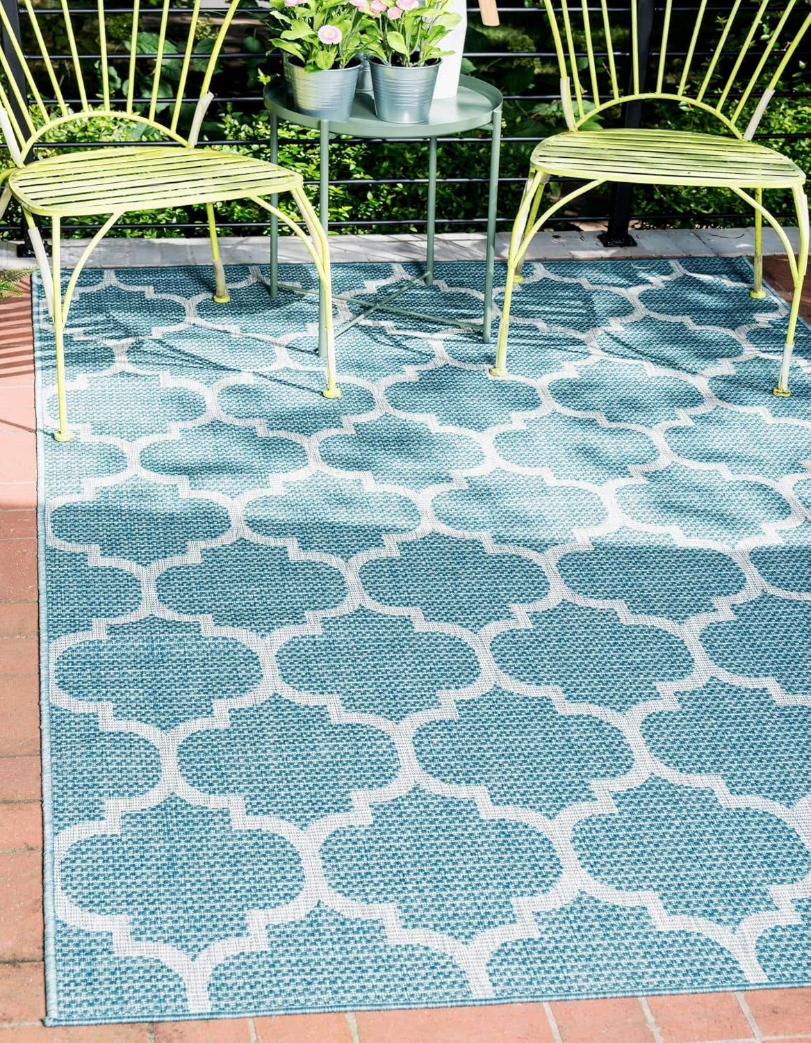 outdoor carport flooring on Amazon Com Unique Loom Outdoor Trellis Collection Casual Moroccan Lattice Transitional Indoor And Outdoor Flatweave Aquamarine Area Rug 9 0 X 12 0 Furniture Decor
