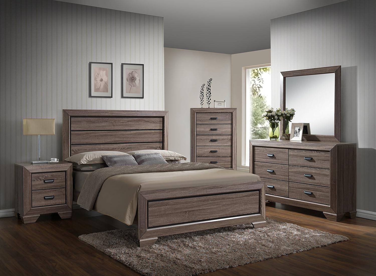 Gtu Furniture Lyndon Pc Weathered Grey Panel Bedroom Set Queen Bed Dresser And Mirror
