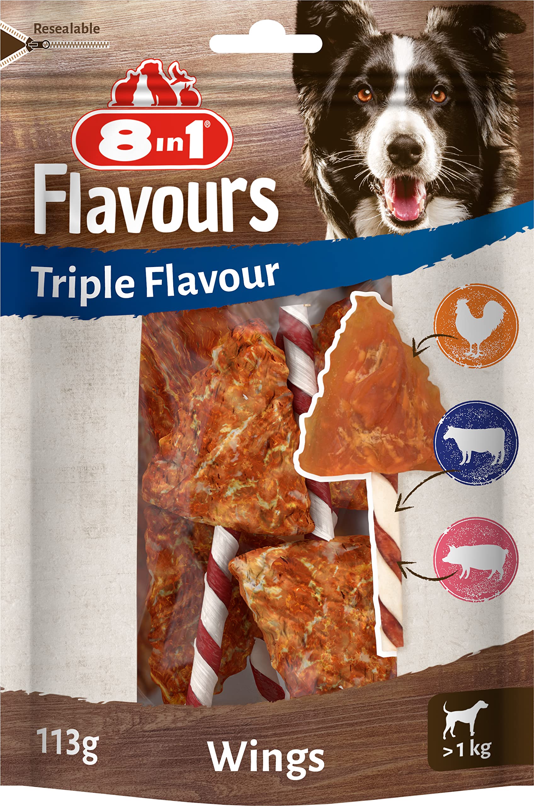 8in1 Triple Flavour Wings chew sticks for dogs - extra-meaty chew snacks, 113g bag