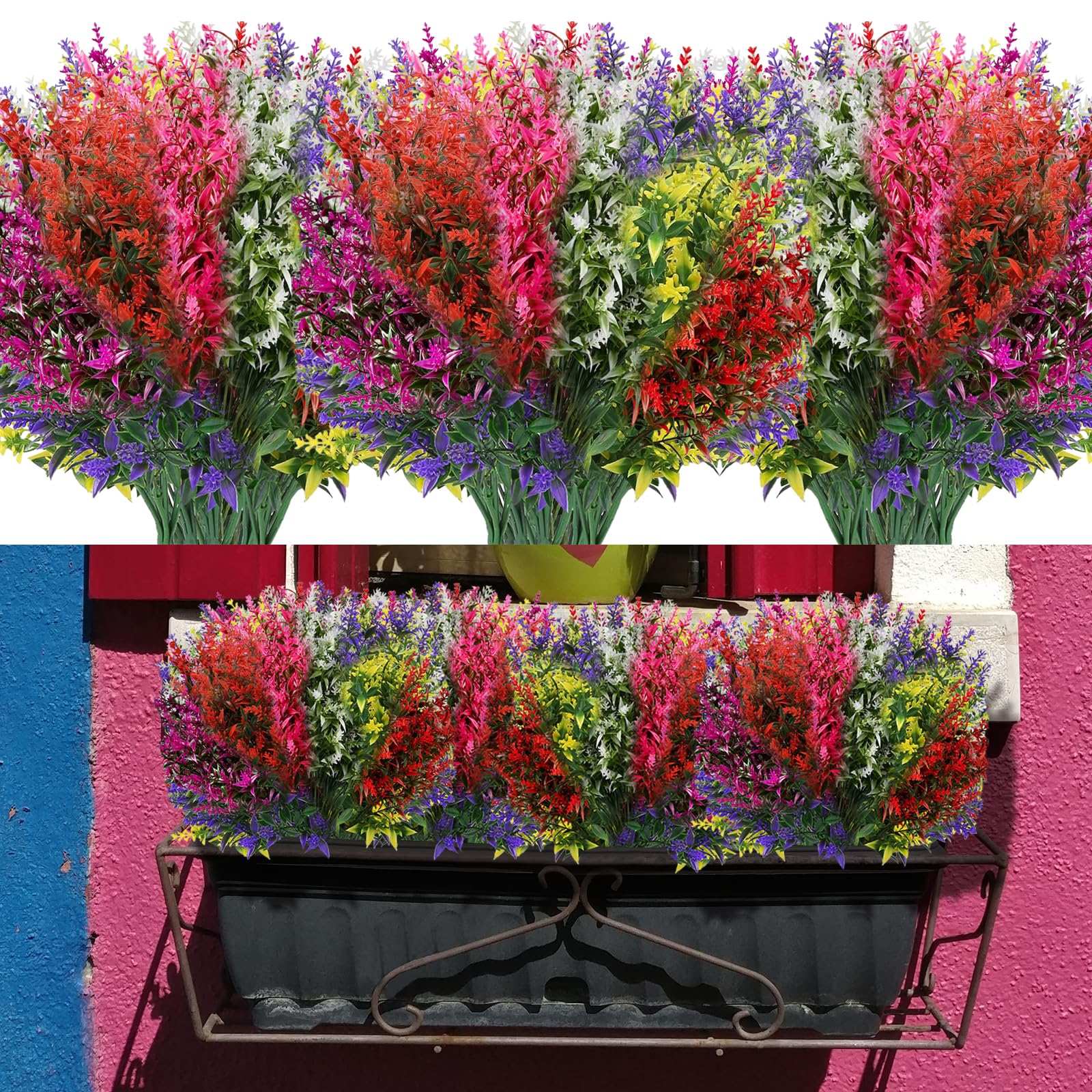 14 Bundles Artificial Flowers Outdoor 7 Colors Decorative Fake Flowers UV Resistant Plastic Artificial Plants Faux Flowers Faux Lavender for Indoor Outside Planters Home Garden Wedding Office Decor