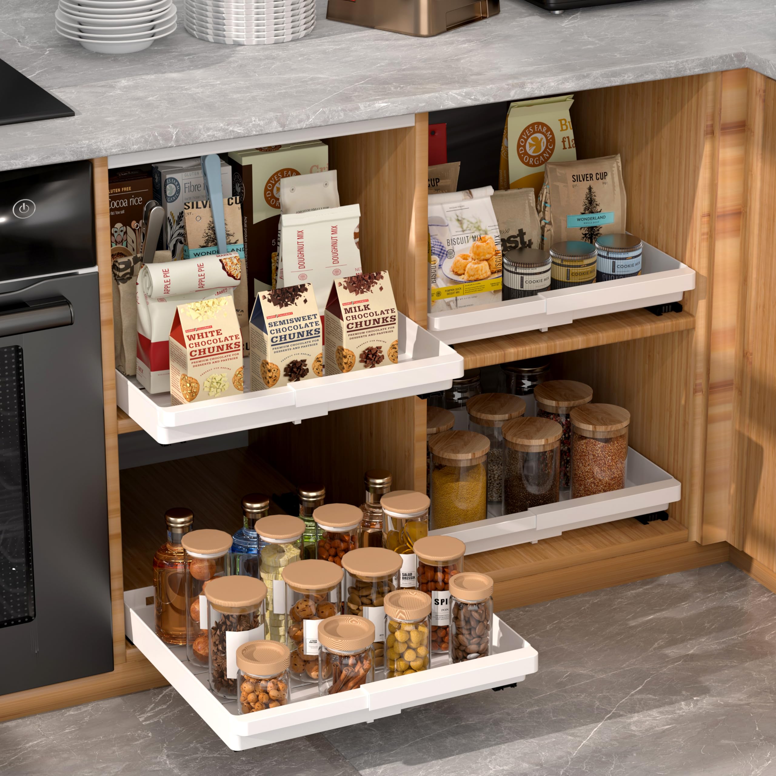 Photo 1 of 4 Pack Pull Out Cabinet Organizers Expandable (11.6''-17.5''), Plastic Slide Out Drawers for Kitchen, Bathroom, Pantry, Under Sink Storage, Pull Out Drawers Fixed with Adhesive Nano Film (White)