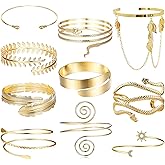 EIELO 6-10Pcs Arm Cuff Bracelets for Women Upper Arm Bands Snake Feather Armband Greek Goddess Filigree Swirl Boho Armlet Cuff Bangle Adjustable Golden/Silvery Arm Bracelet Set