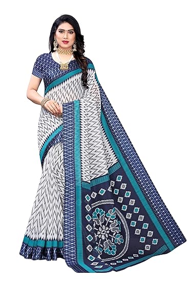 Womens Blue Linen Cotton Printed Saree With Blouse Piece (JAYU BLUE_Free Size)