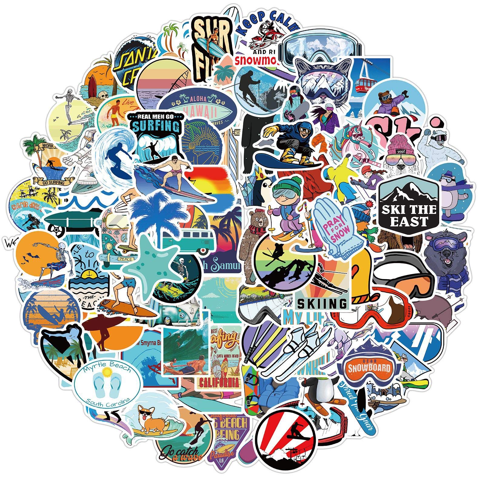 100 Pcs Skiing and Surfing Stickers for Kids Teens Adults Boys Girls Gift,Stickers Pack for Laptop,Skateboard,Luggage,Car,Bike, Cup,Computer,Water Bottle Decor,Surfing Vinyl Waterproof Sticker Decals
