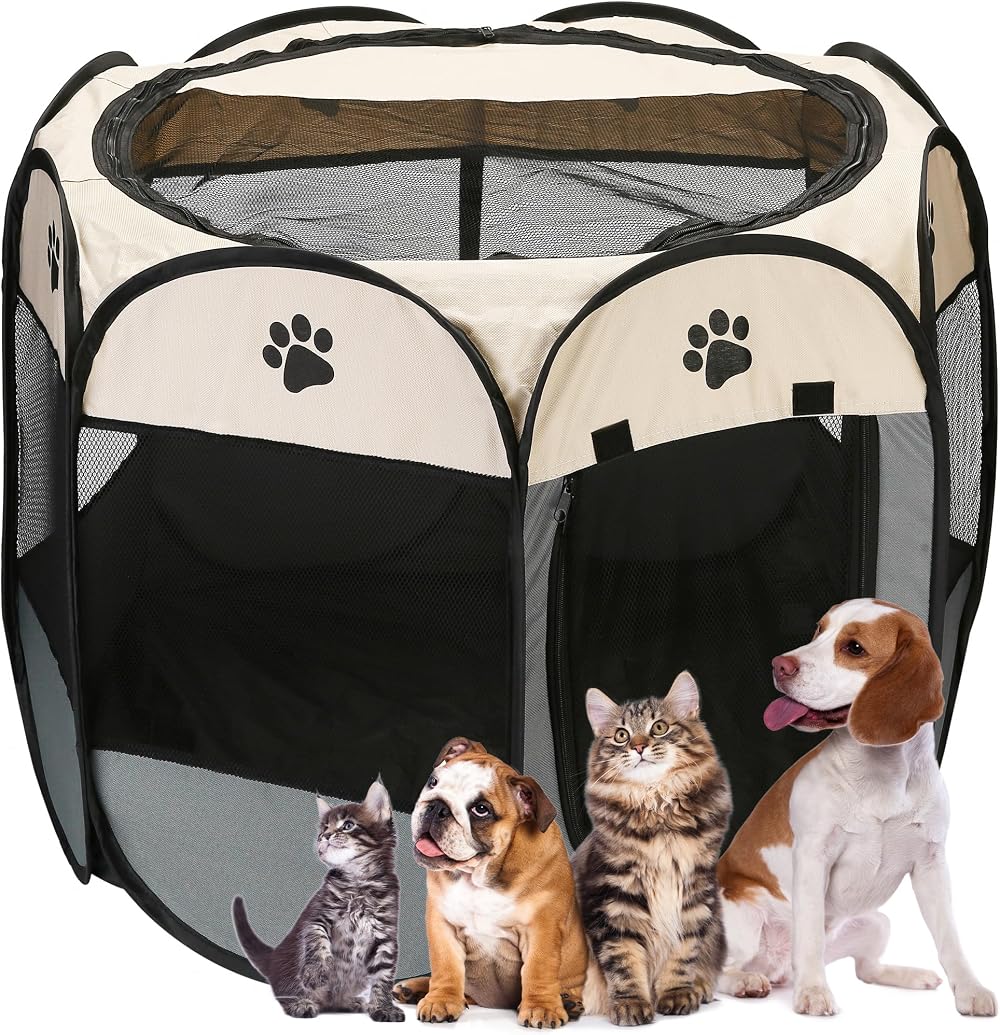 Sea Team Foldable Pet Playpen Portable Soft Pop-Up Mesh Dog Cat