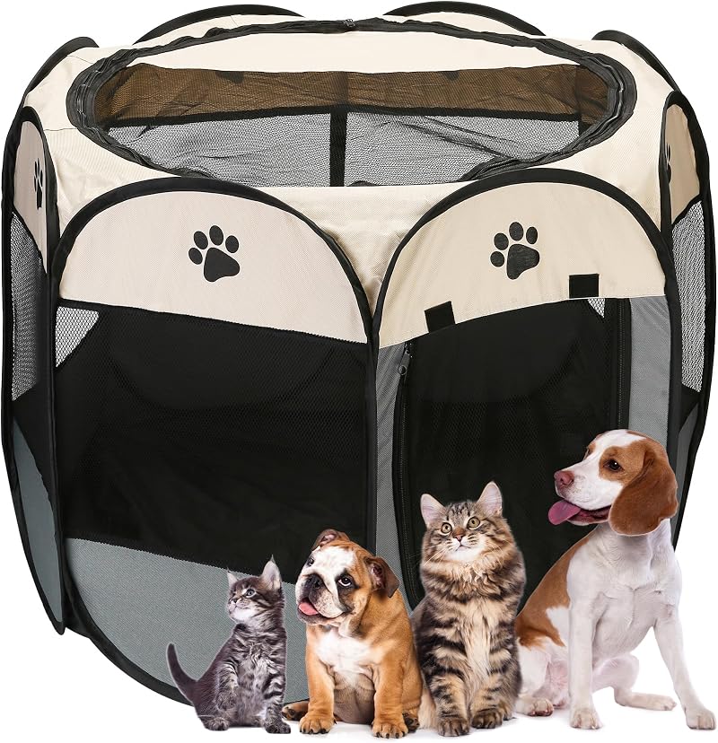 Sea Team Foldable Pet Playpen Portable Soft Pop-Up Mesh Dog Cat