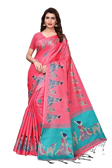 Womens Art Silk Printed Saree Border Tassels With Blouse Piece(Free Size)