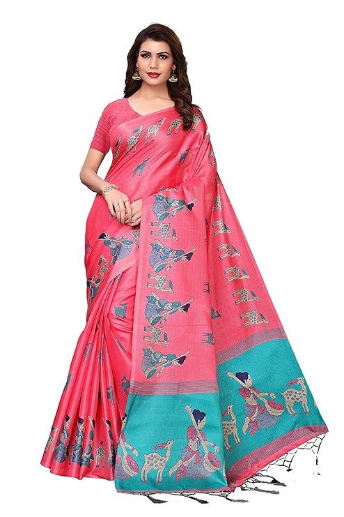 Womens Art Silk Printed Kalamkari Sarees with Tassles