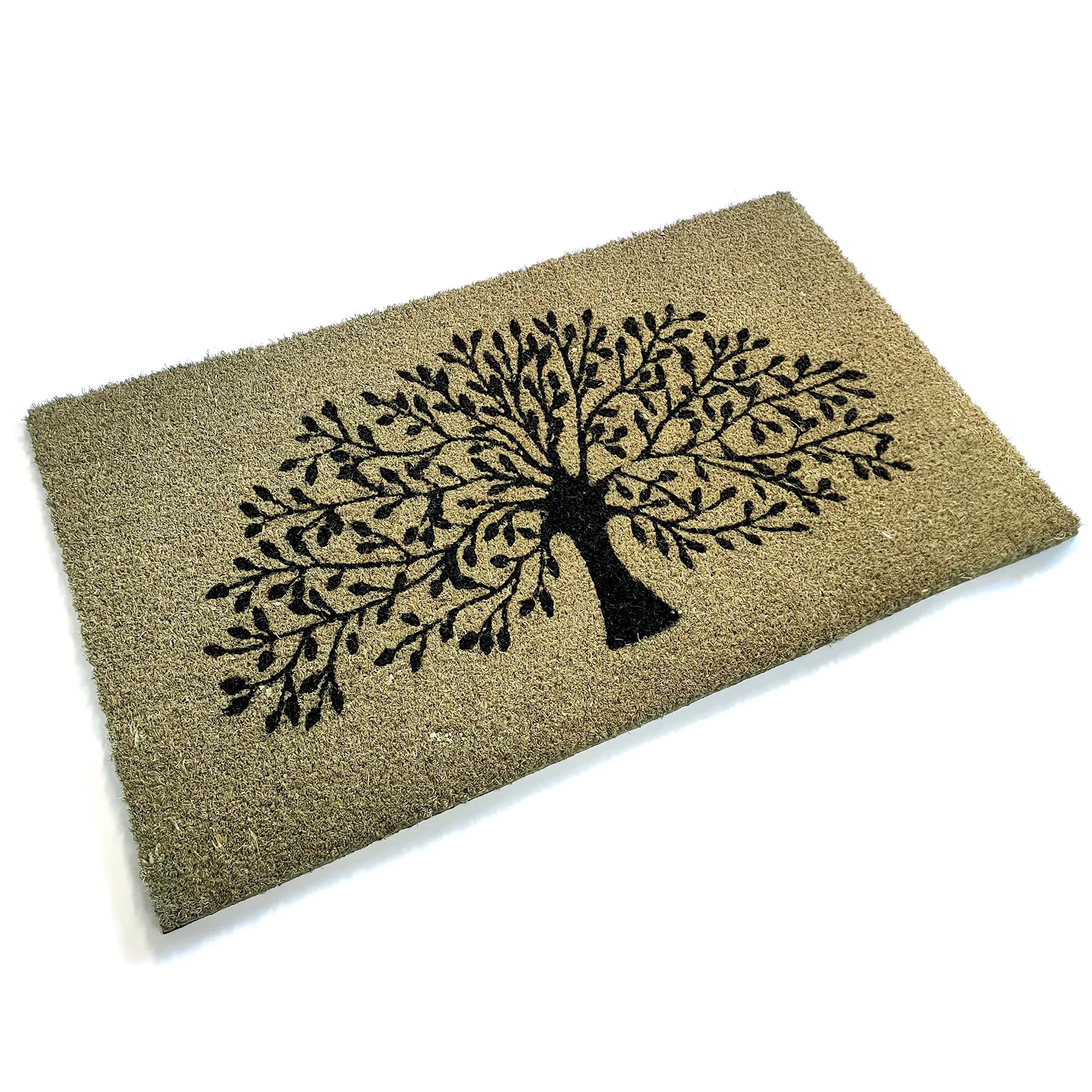 Black Ginger Large, Thick, Decorative, Patterned Coir Door Mats with Nature Designs (Green Tree)
