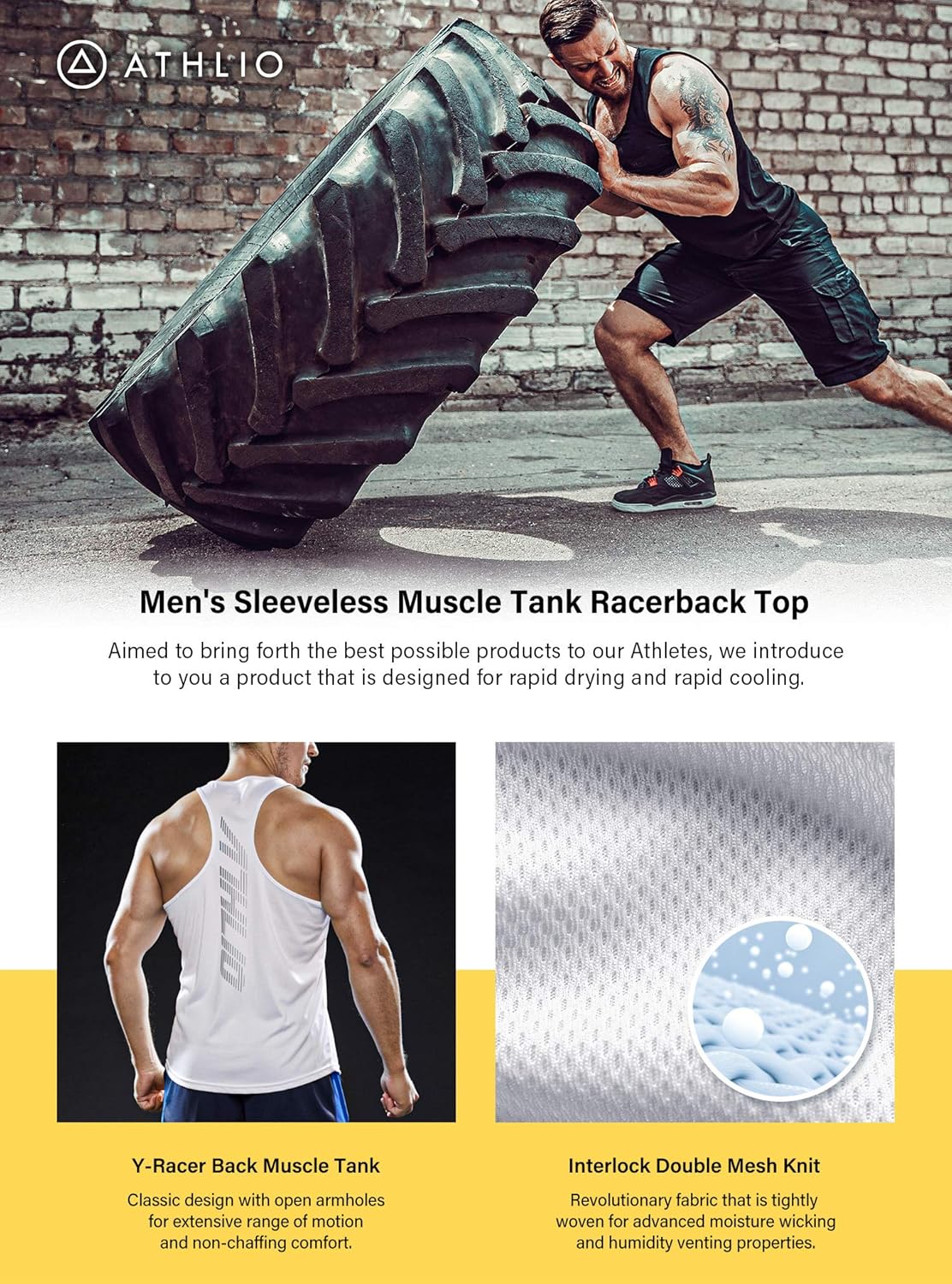 ATHLIO 3 Pack Men's Dry Fit Muscle Workout Tank Tops, Y-Back Bodybuilding Gym Shirts, Athletic Fitness Tank Top: Clothing