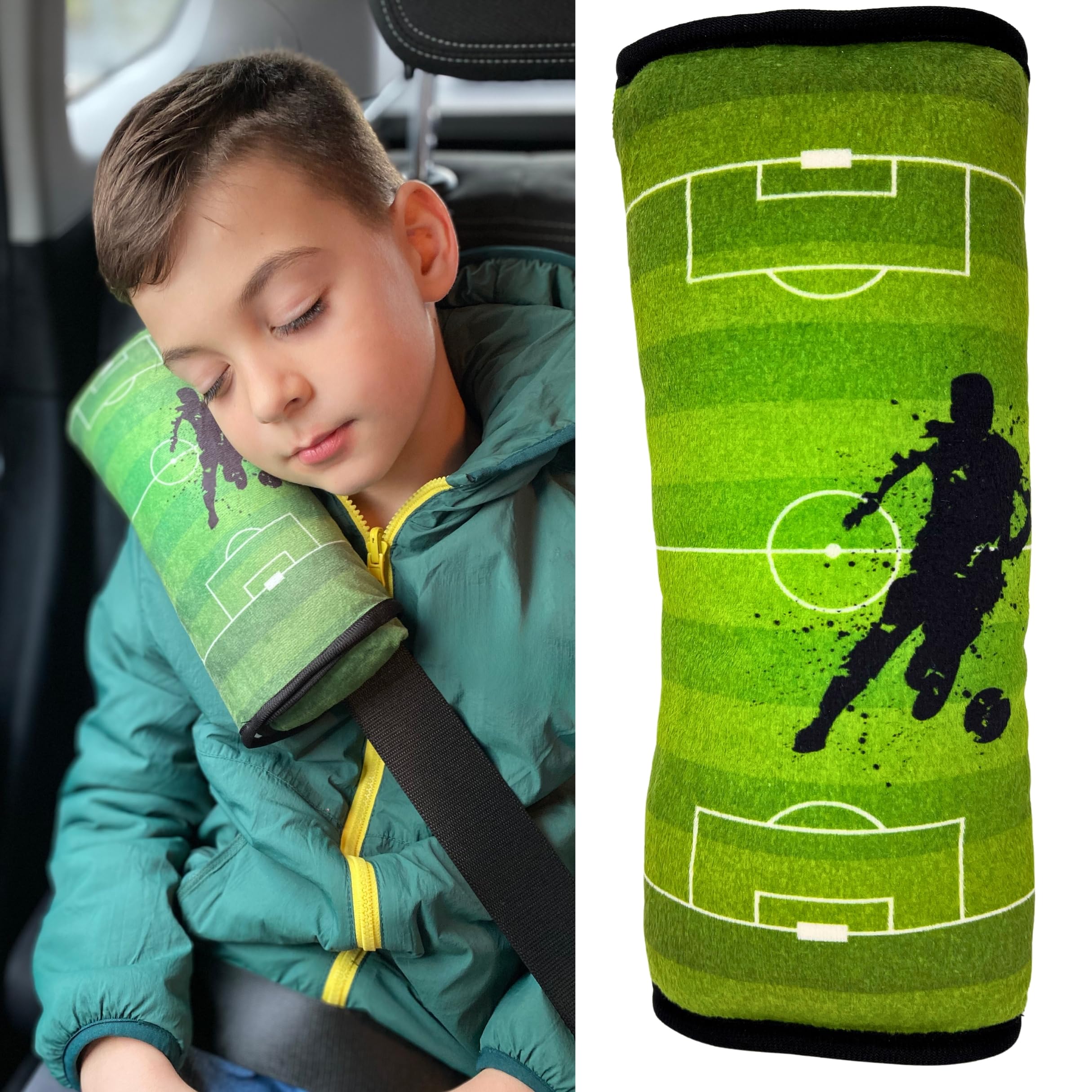 HECKBO football soccer car seatbelt pillow for children - machine washable - girl boy kids children soft car seat belt cover sleeping pillows protection car travel pillow cushion vacation