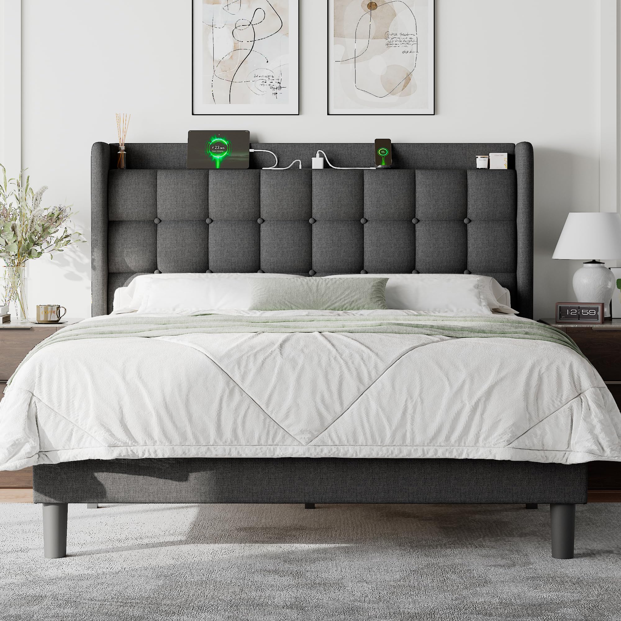 Photo 1 of ***(PARTS ONLY -MISSING PIECES -SELLING AS PARTS ONLY)***
Feonase Queen Bed Frame with Charging Station, Upholstered Platform Frame with Wingback Storage Headboard, No Box Spring Needed, Easy Assembly, Dark Gray  ***(BOX RIPPED/TORN)***