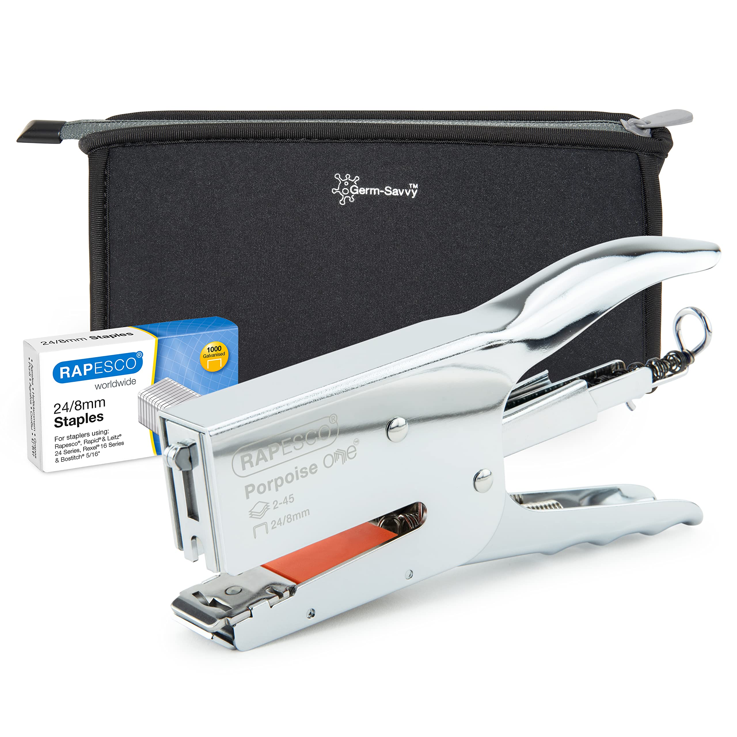 Rapesco 1626 Porpoise ONE Bypass Stapling Plier with Germ-Savvy Bag and 1000 x 24/8mm Staples, Uses 24/8mm Staples, ONE Size only for 2-45 Sheet Capacity, Chrome